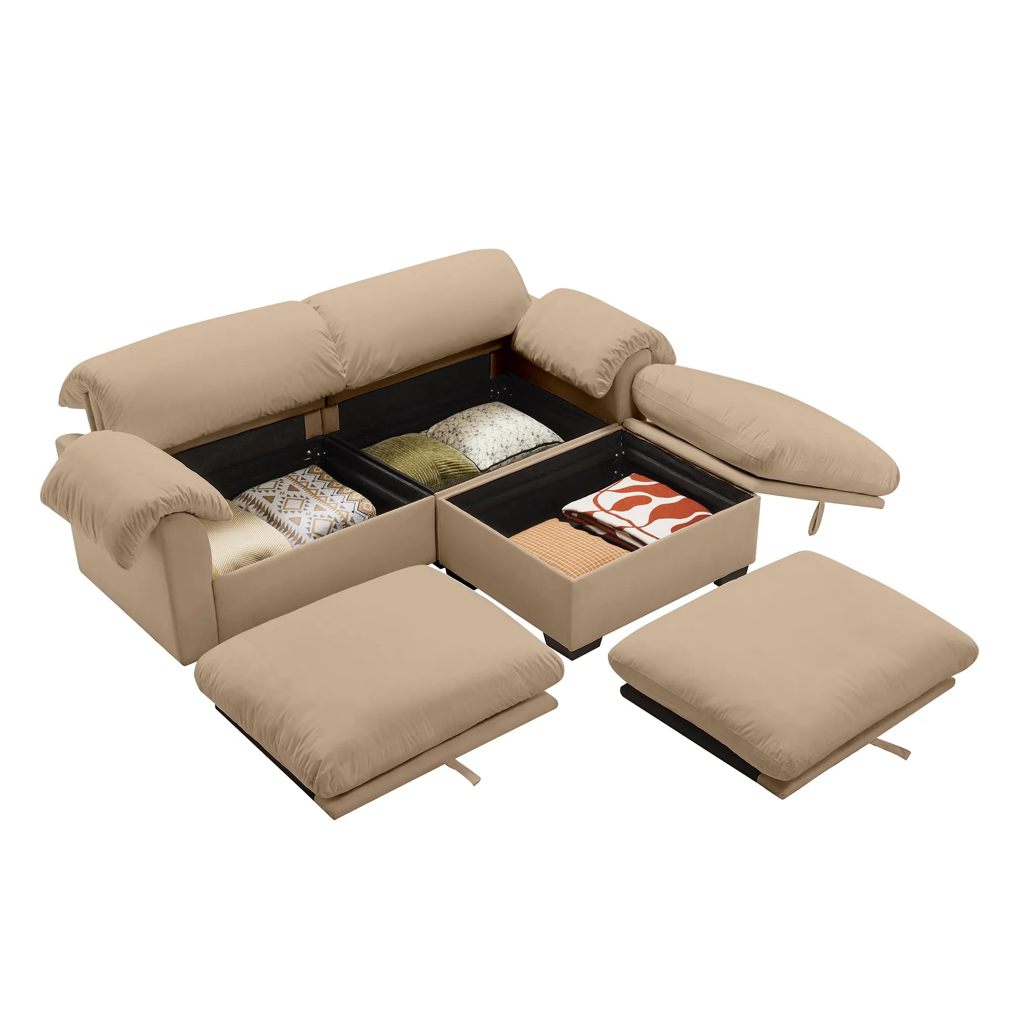2 Seater Oversized Modern Velvet Cloud Comfort Sectional Sofa with Ottoman & Underseat Storage