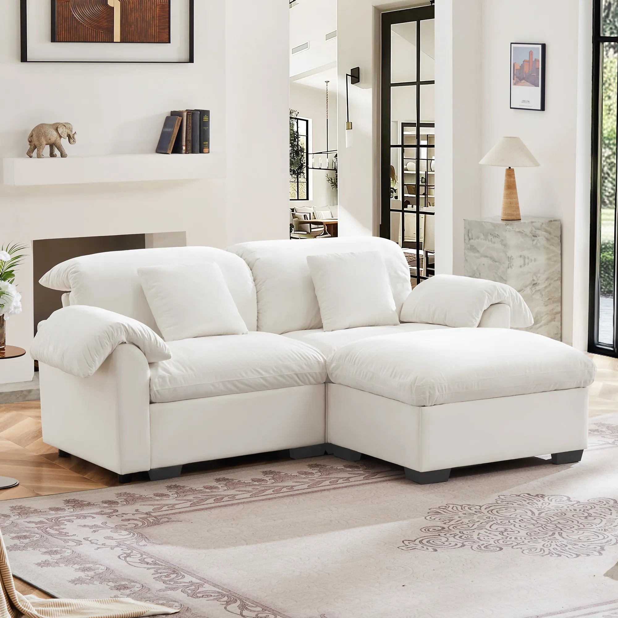 2 Seater Oversized Modern Velvet Cloud Comfort Sectional Sofa with Ottoman & Underseat Storage