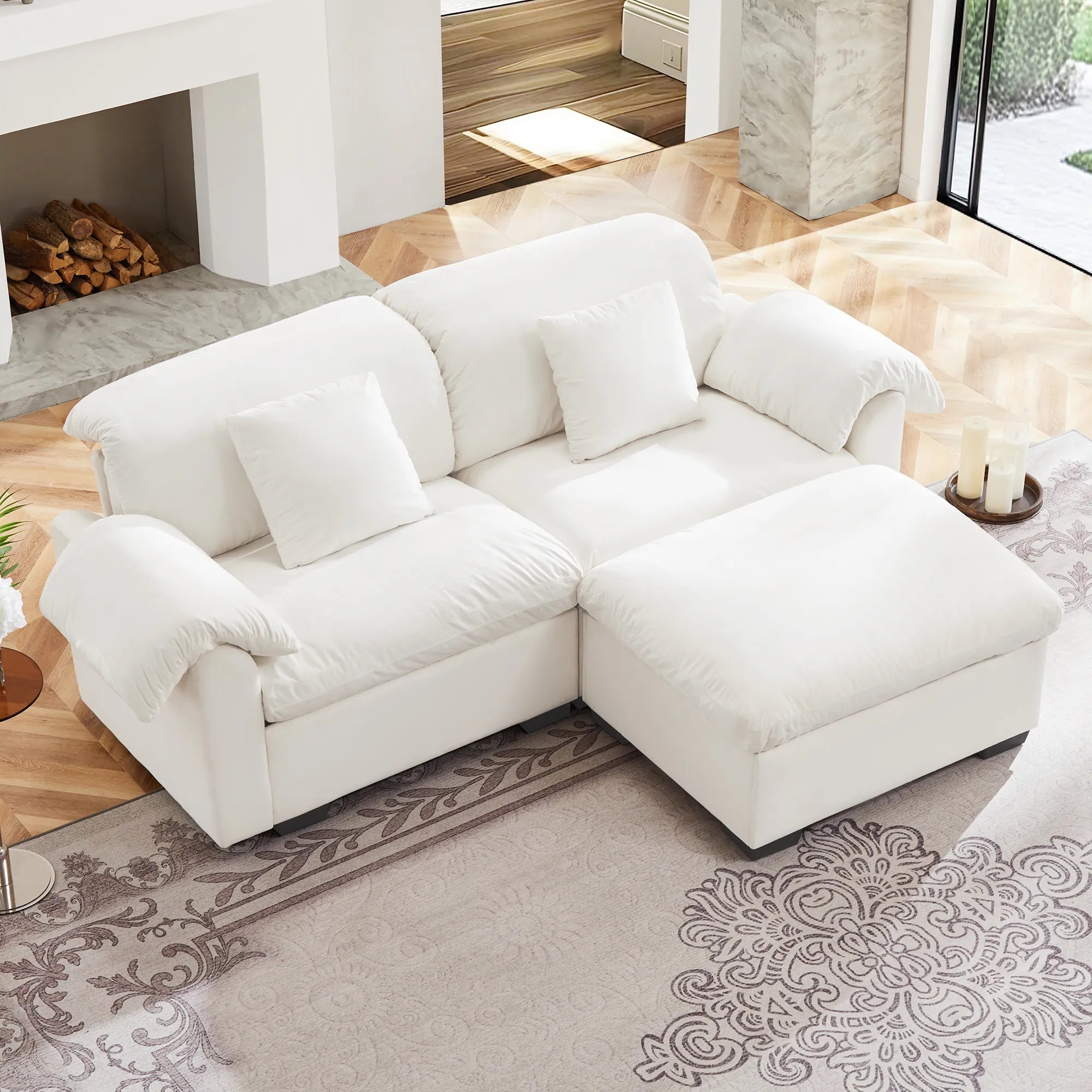 2 Seater Oversized Modern Velvet Cloud Comfort Sectional Sofa with Ottoman & Underseat Storage
