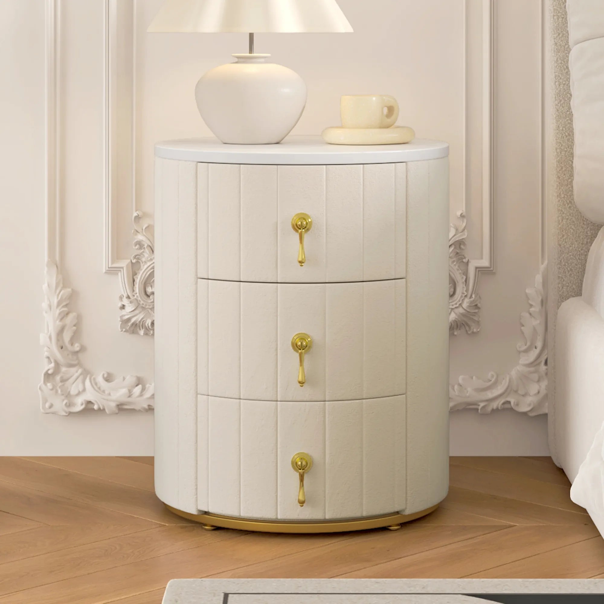3-Drawer Round Nightstand, Velvet Upholstered