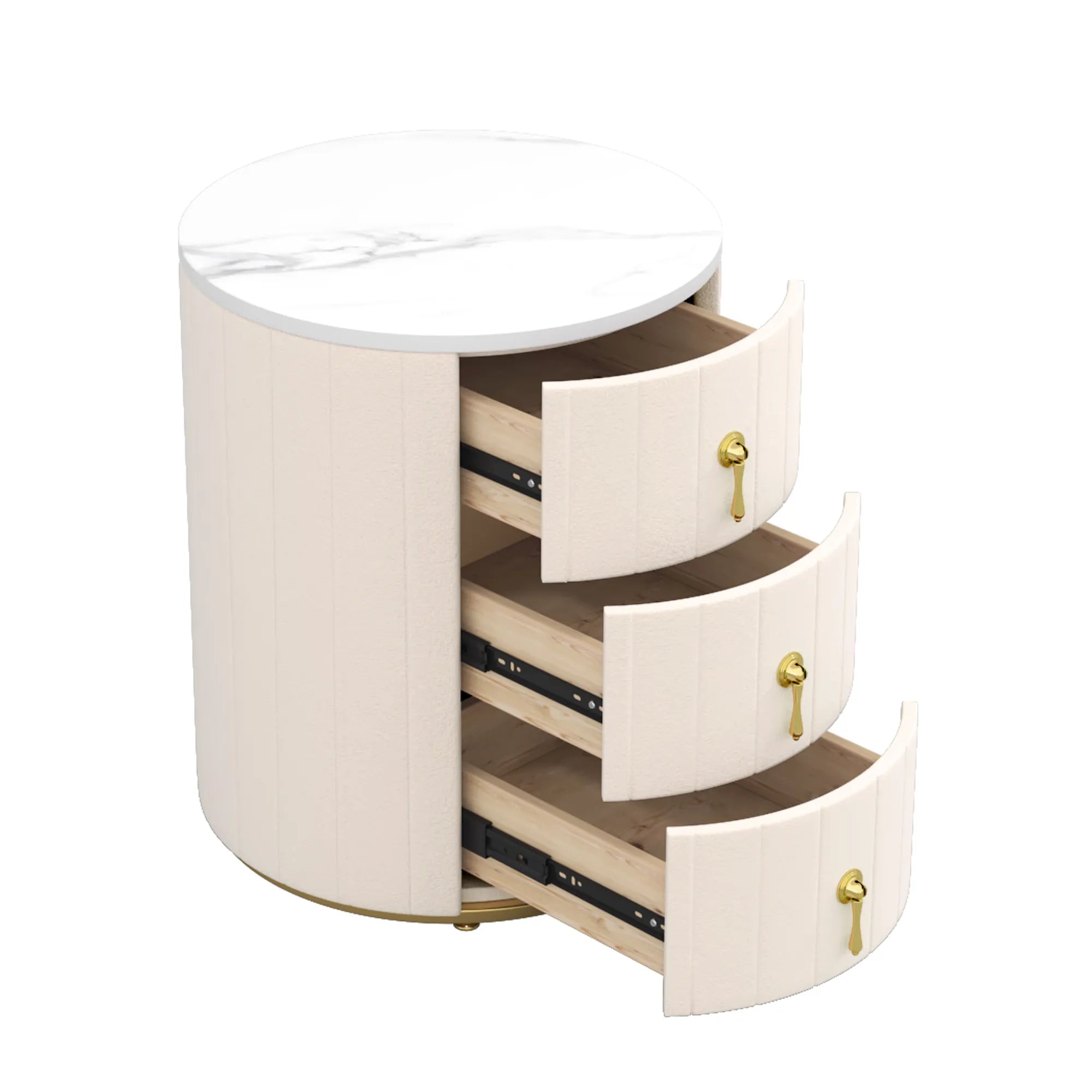 3-Drawer Round Nightstand, Velvet Upholstered