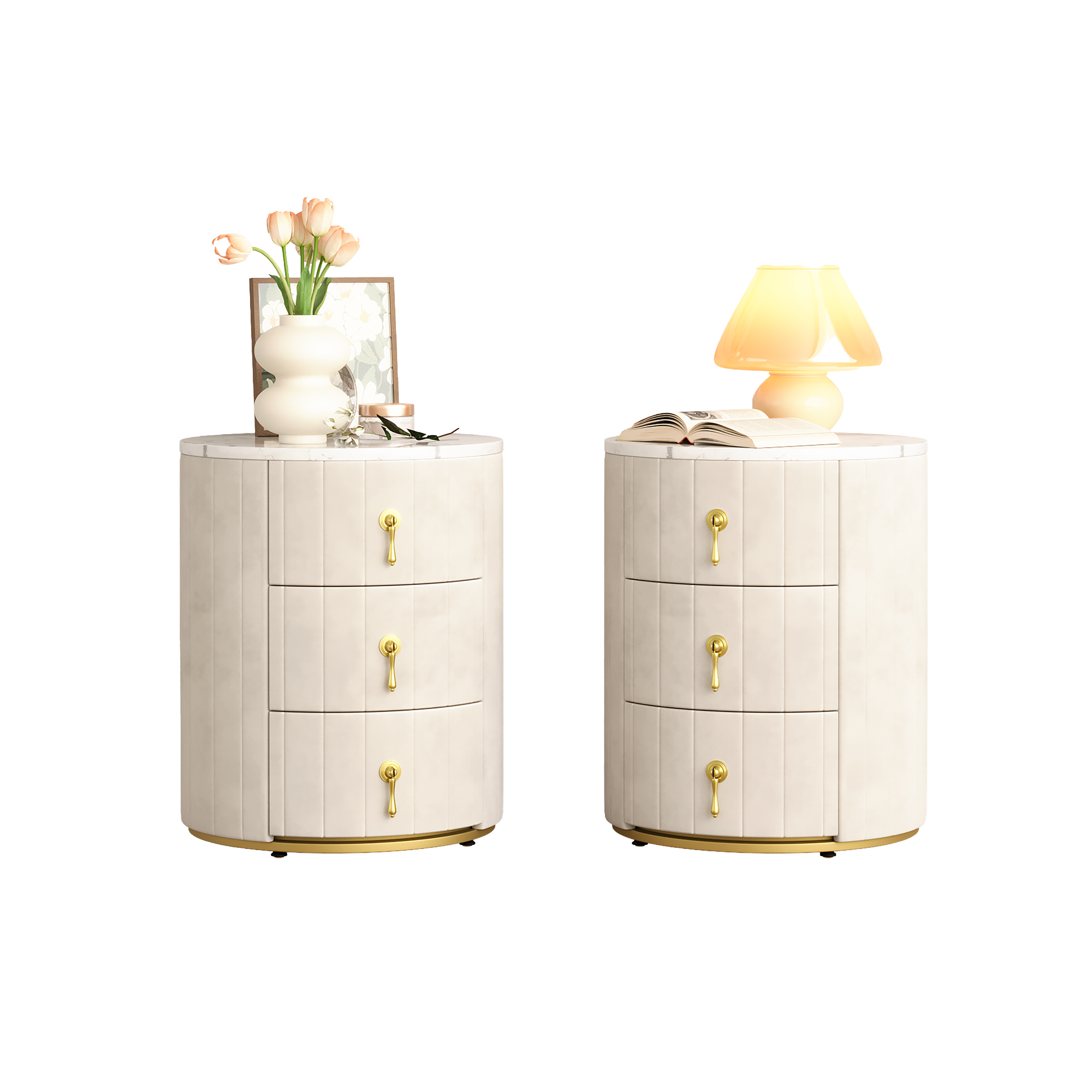 3-Drawer Round Nightstand, Velvet Upholstered