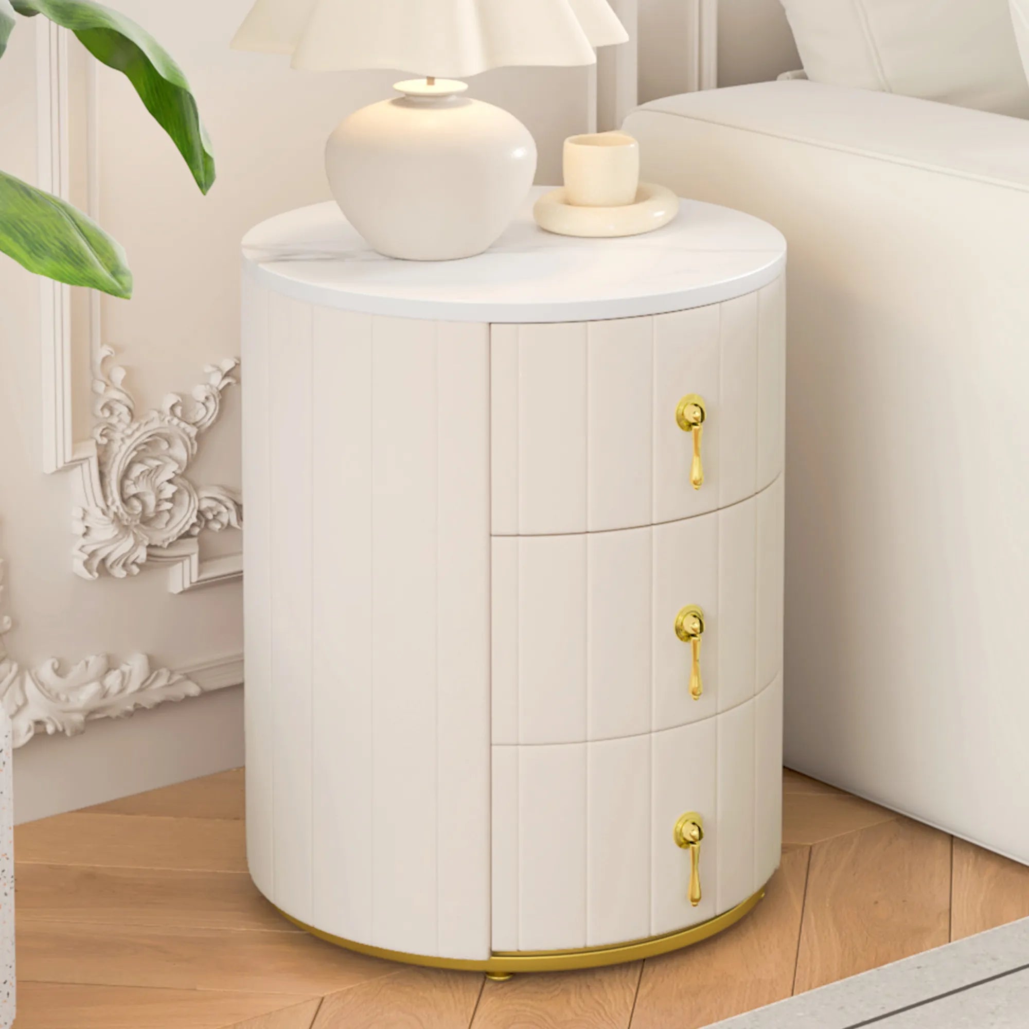 3-Drawer Round Nightstand, Velvet Upholstered
