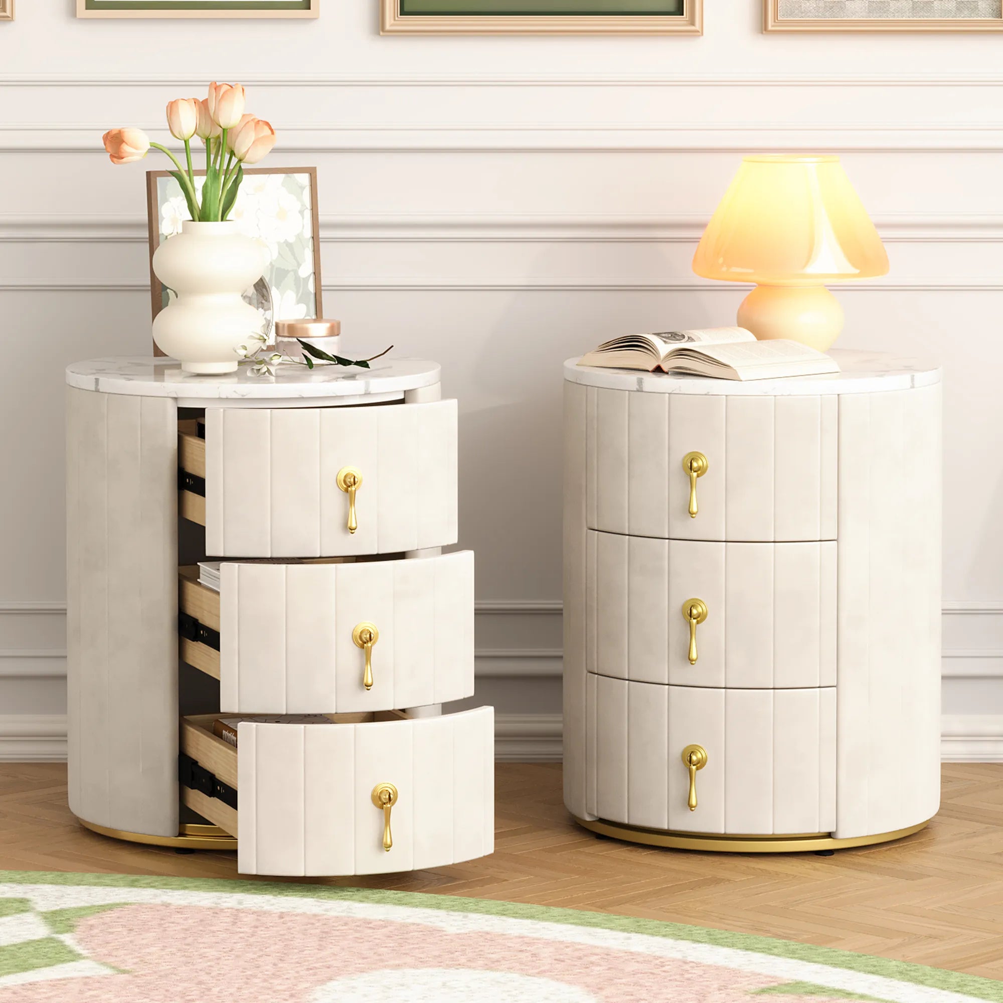 3-Drawer Round Nightstand, Velvet Upholstered