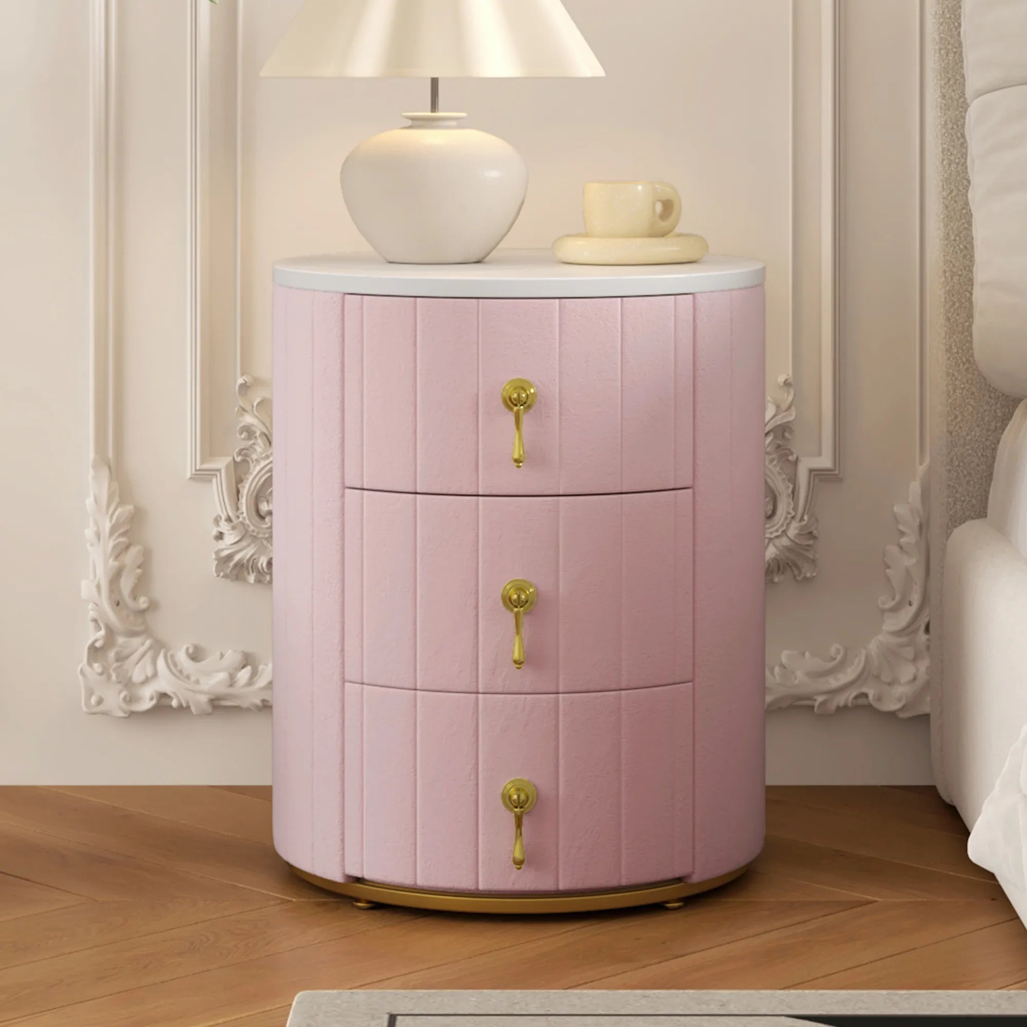 3-Drawer Round Nightstand, Velvet Upholstered