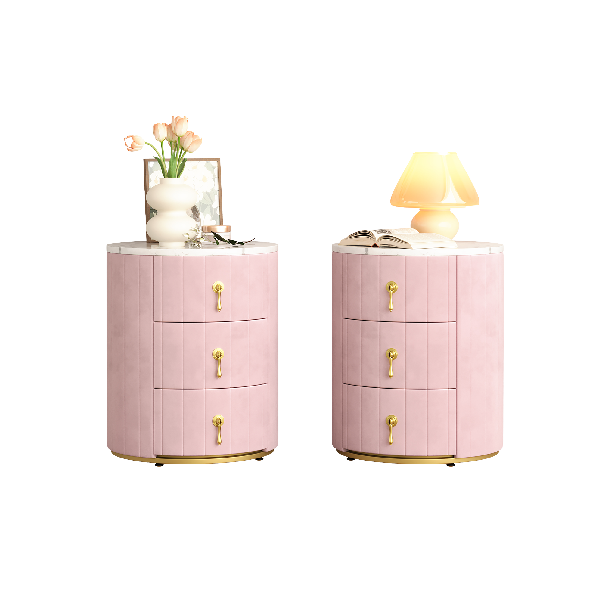 3-Drawer Round Nightstand, Velvet Upholstered