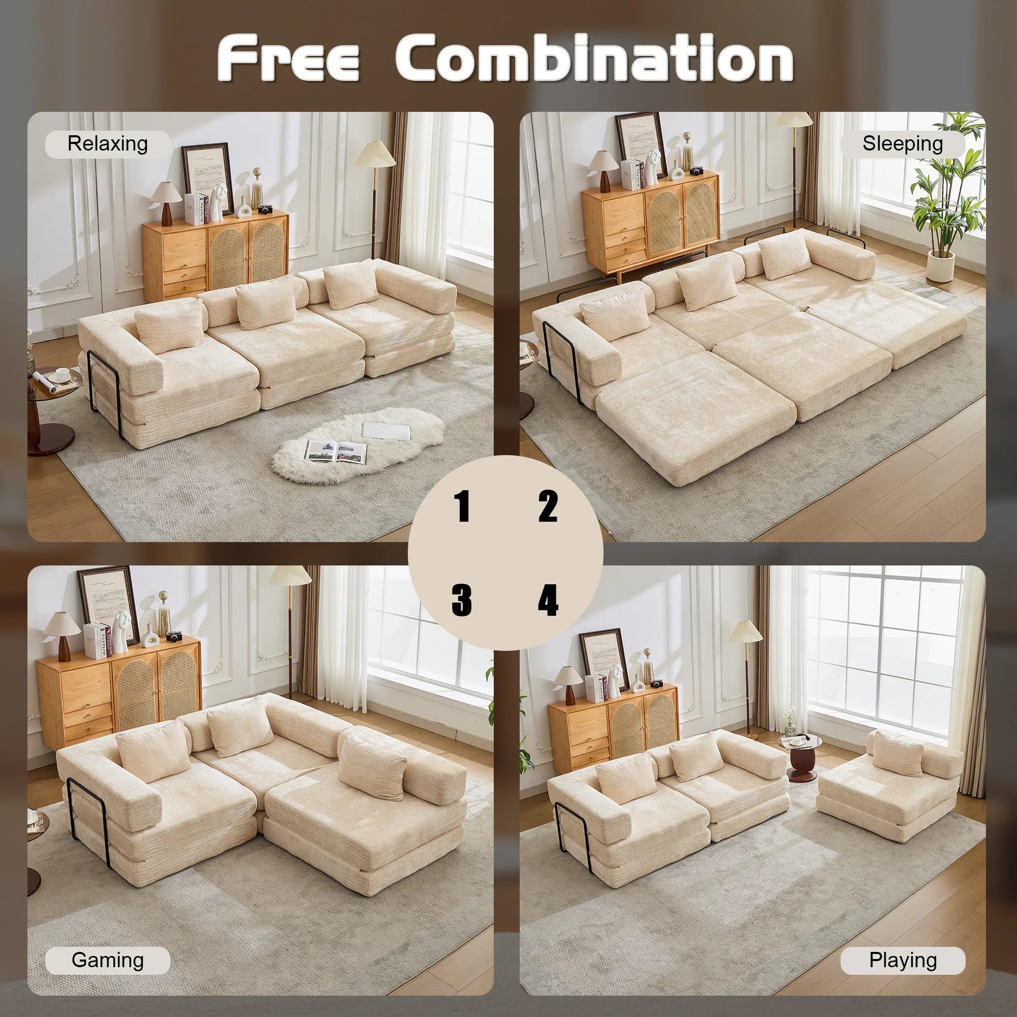 3-Seat Modular Convertible Floor Sofa Bed