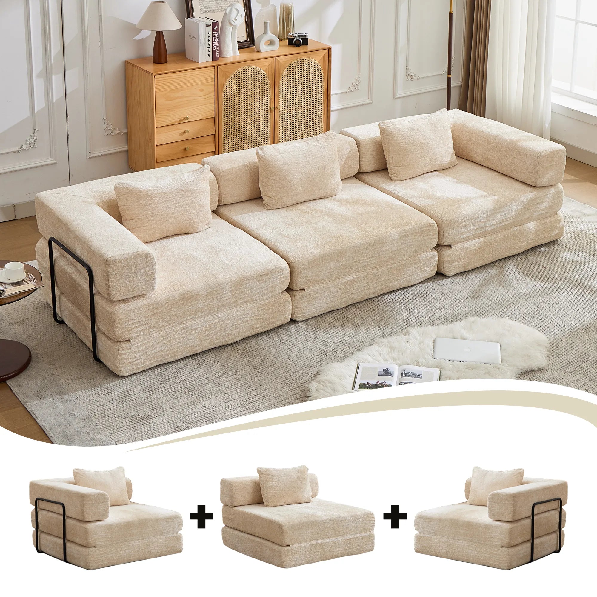 3-Seat Modular Convertible Floor Sofa Bed