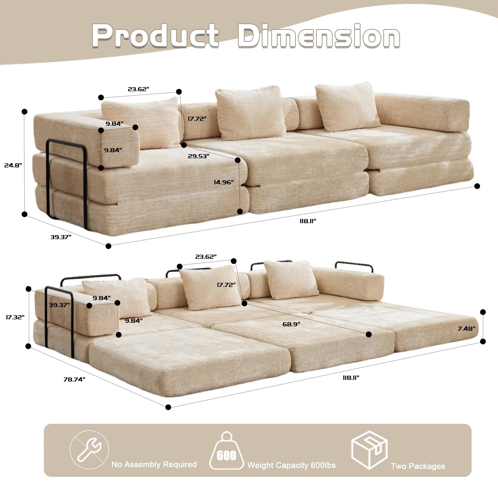 3-Seat Modular Convertible Floor Sofa Bed