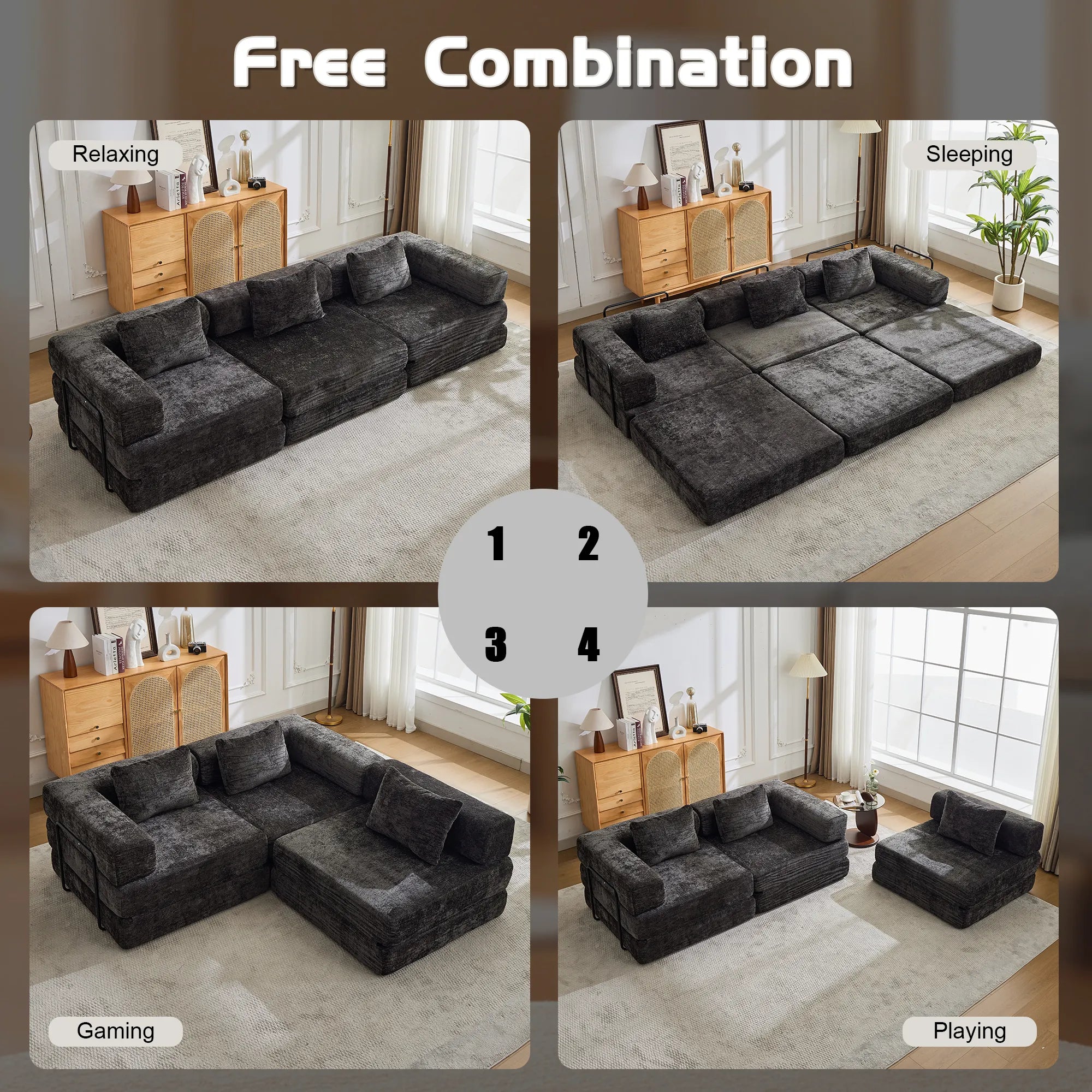 3-Seat Modular Convertible Floor Sofa Bed