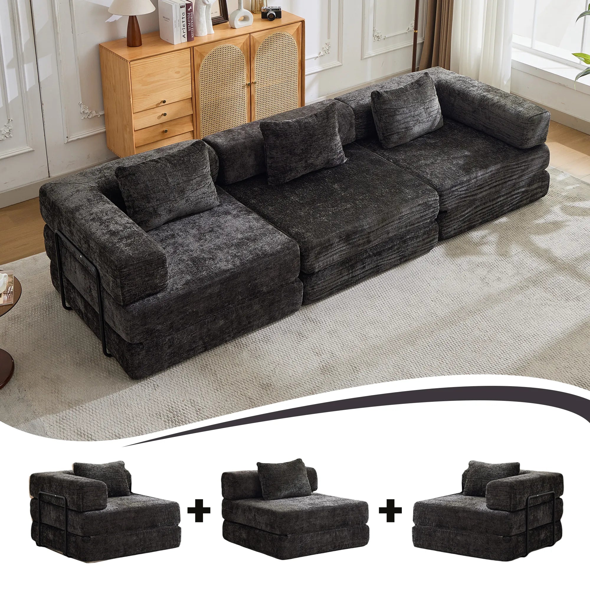 3-Seat Modular Convertible Floor Sofa Bed