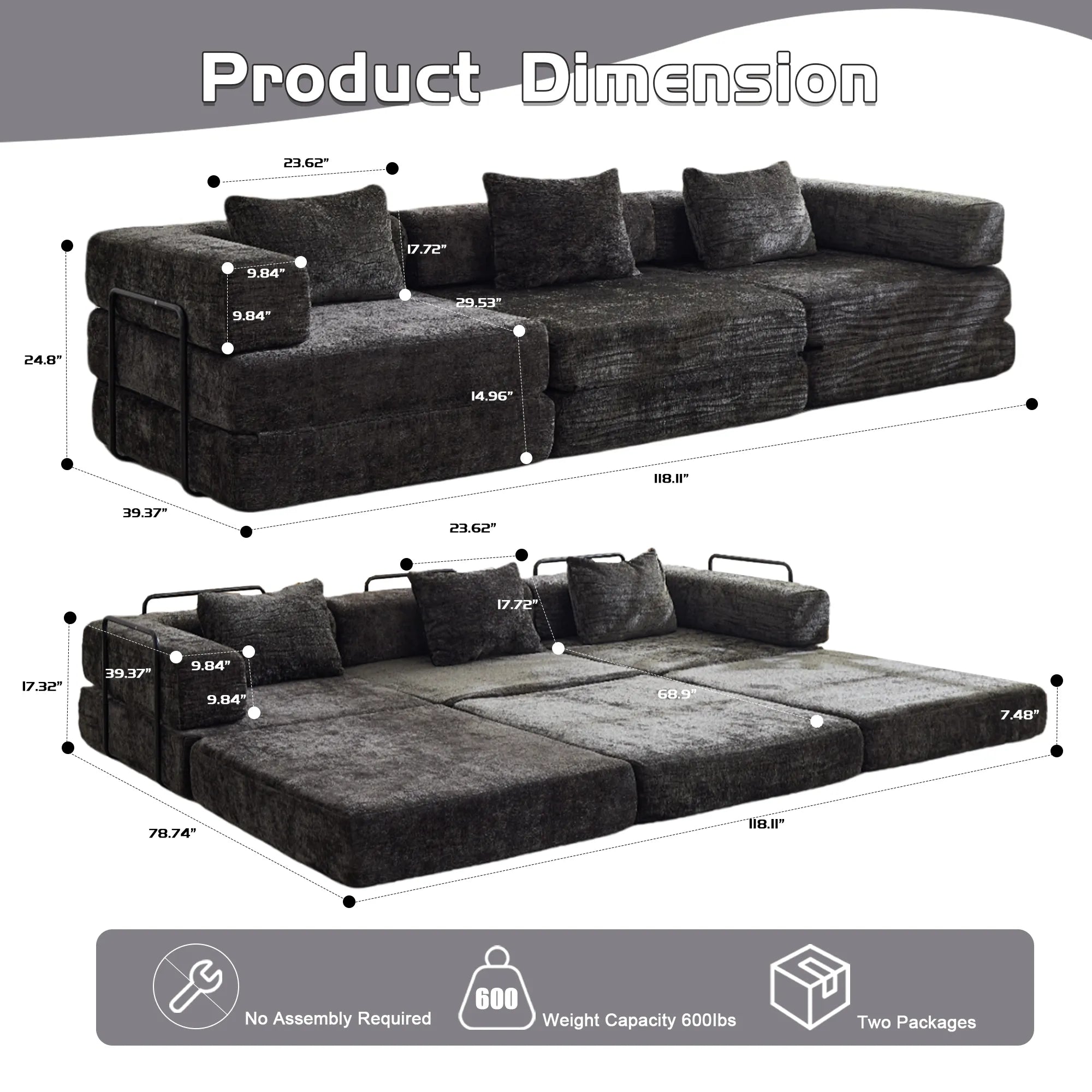 3-Seat Modular Convertible Floor Sofa Bed