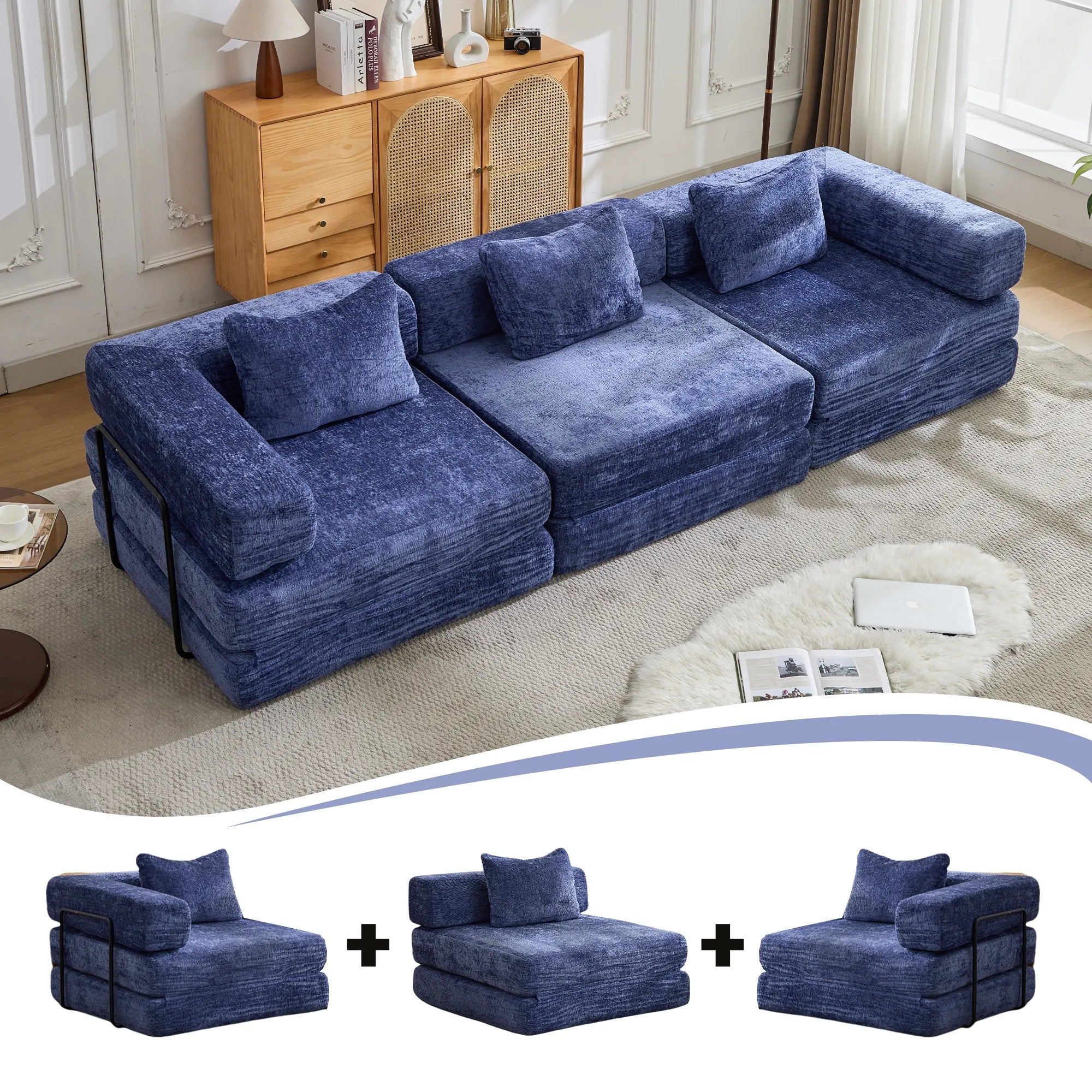 3-Seat Modular Convertible Floor Sofa Bed
