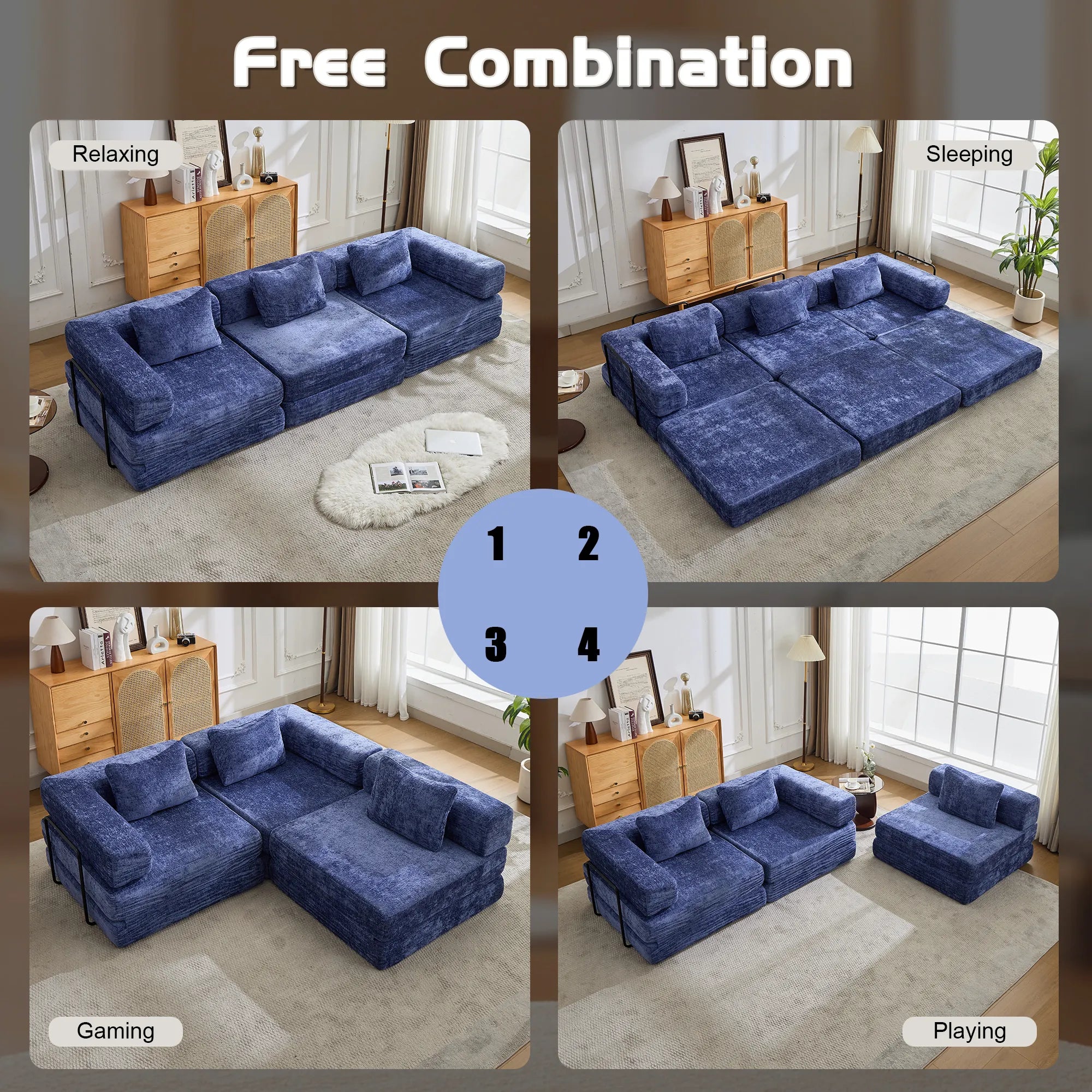 3-Seat Modular Convertible Floor Sofa Bed