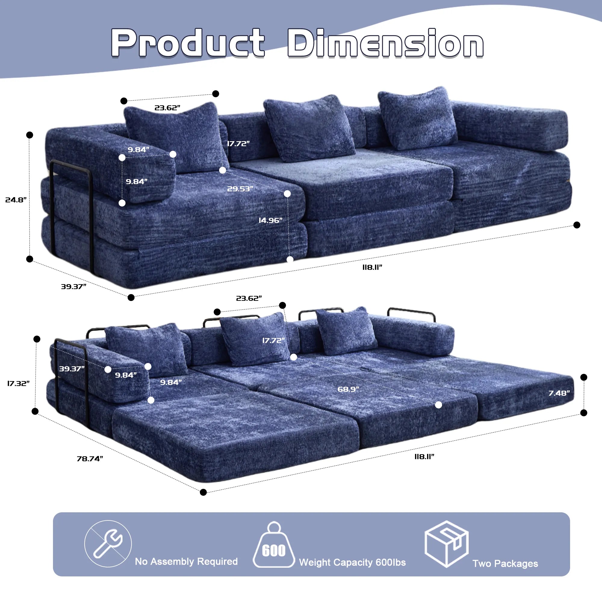 3-Seat Modular Convertible Floor Sofa Bed