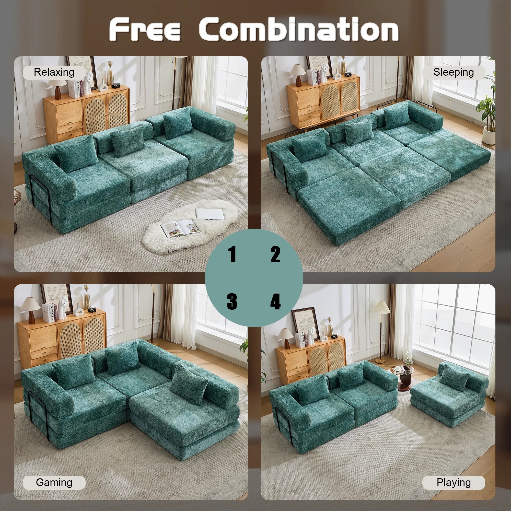 3-Seat Modular Convertible Floor Sofa Bed
