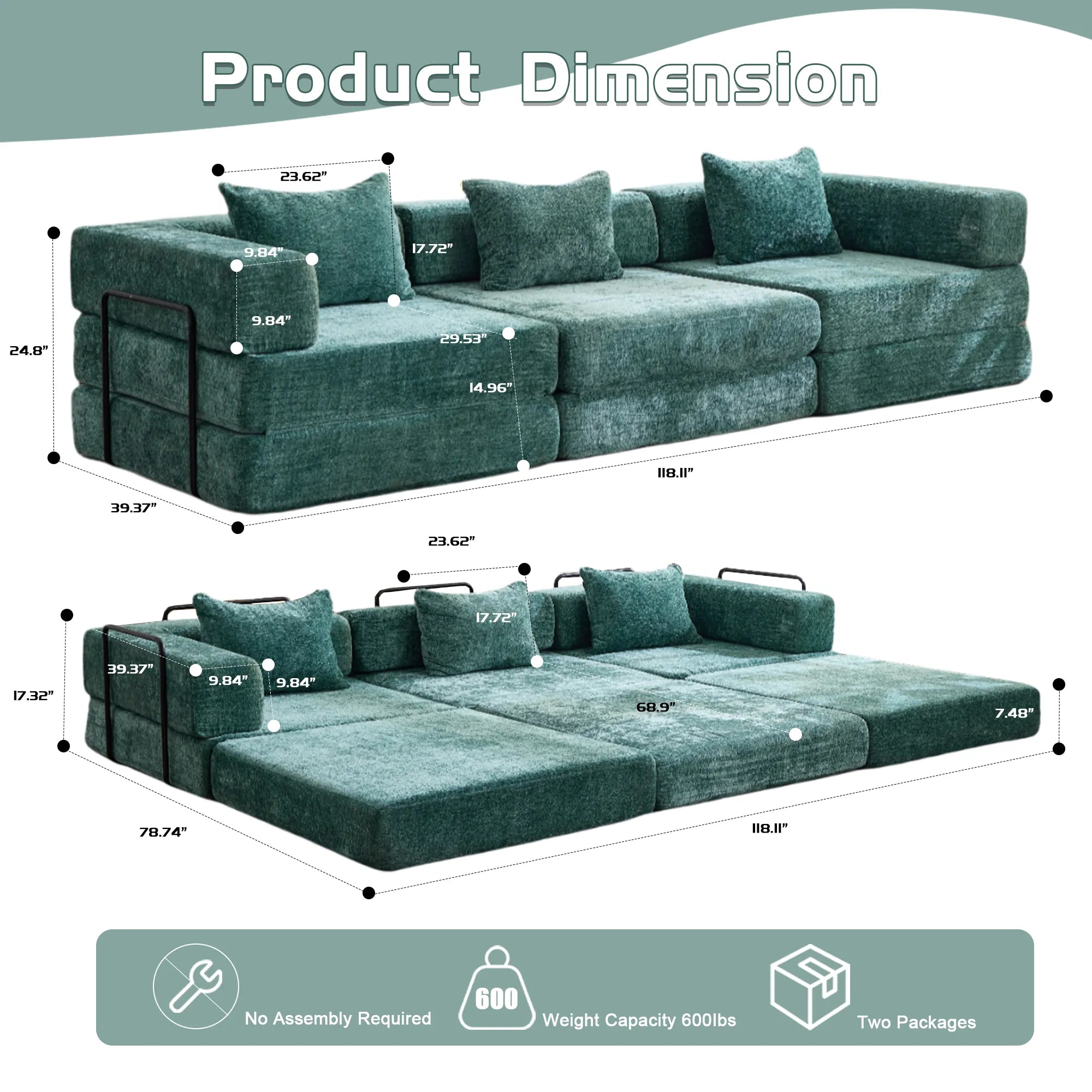 3-Seat Modular Convertible Floor Sofa Bed