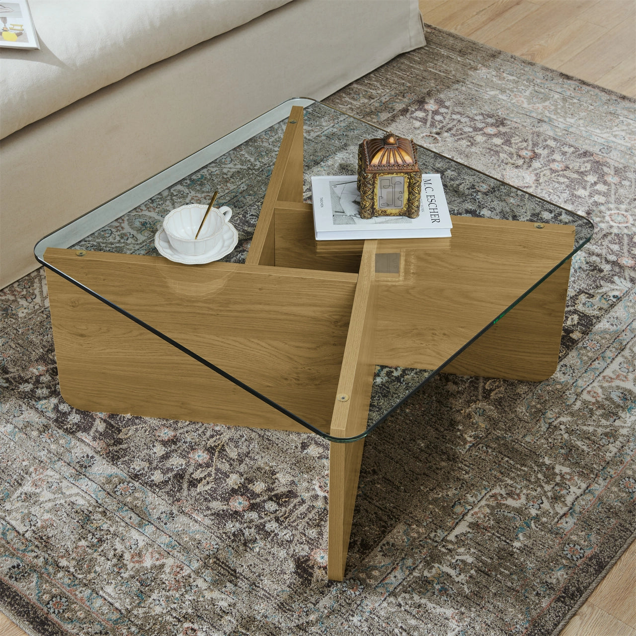 31.5" Glass Top Coffee Table, Mid-Century Modern