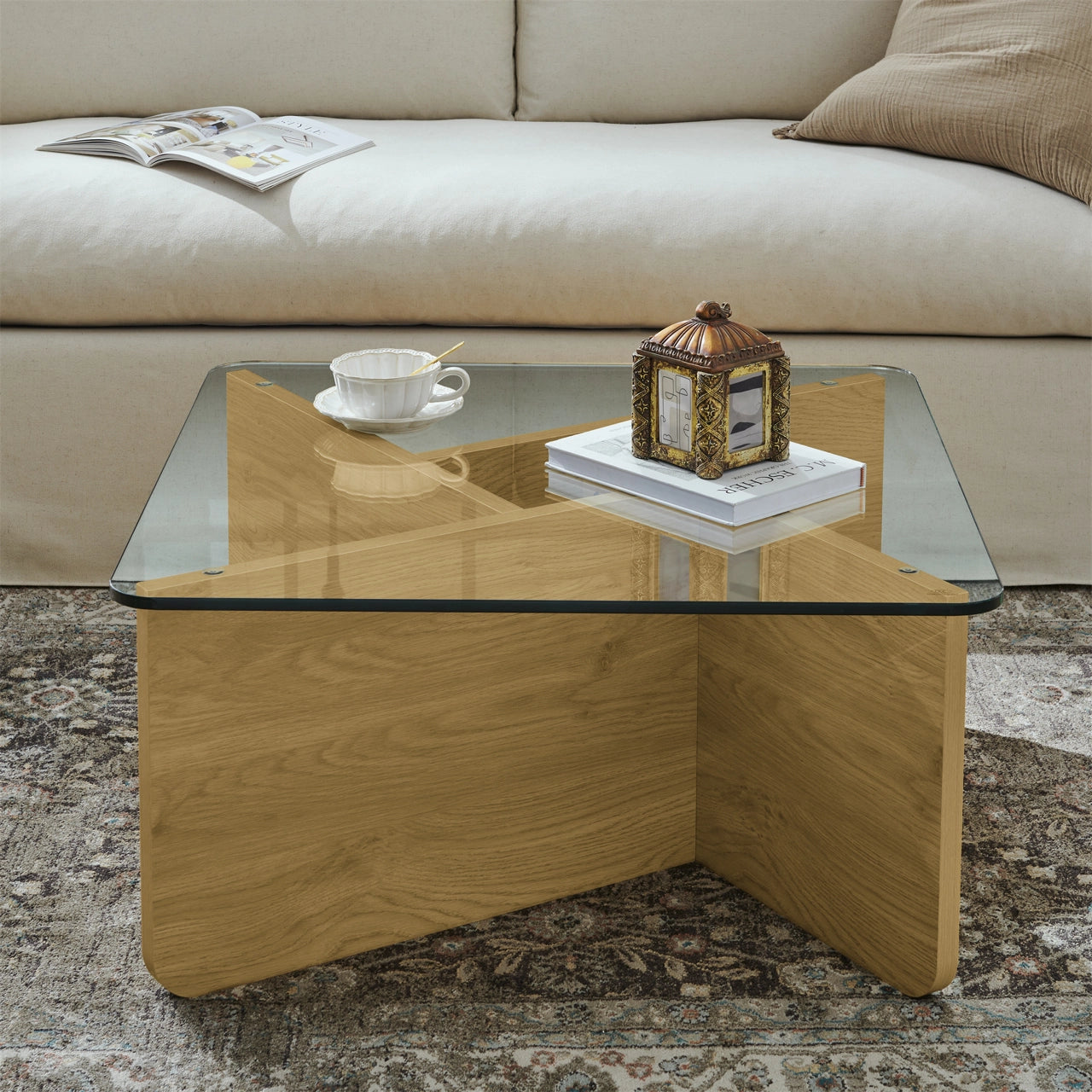 31.5" Glass Top Coffee Table, Mid-Century Modern