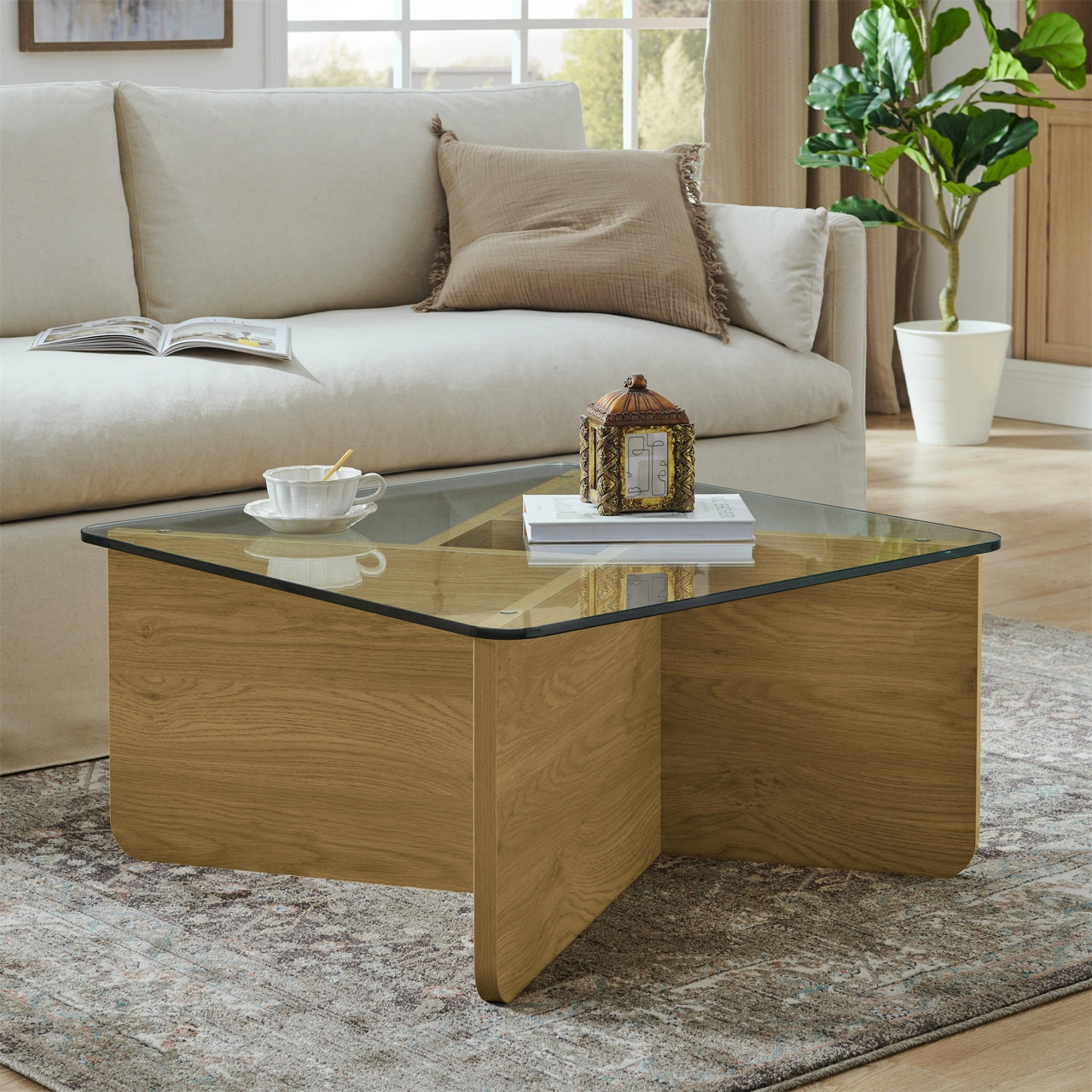 31.5" Glass Top Coffee Table, Mid-Century Modern