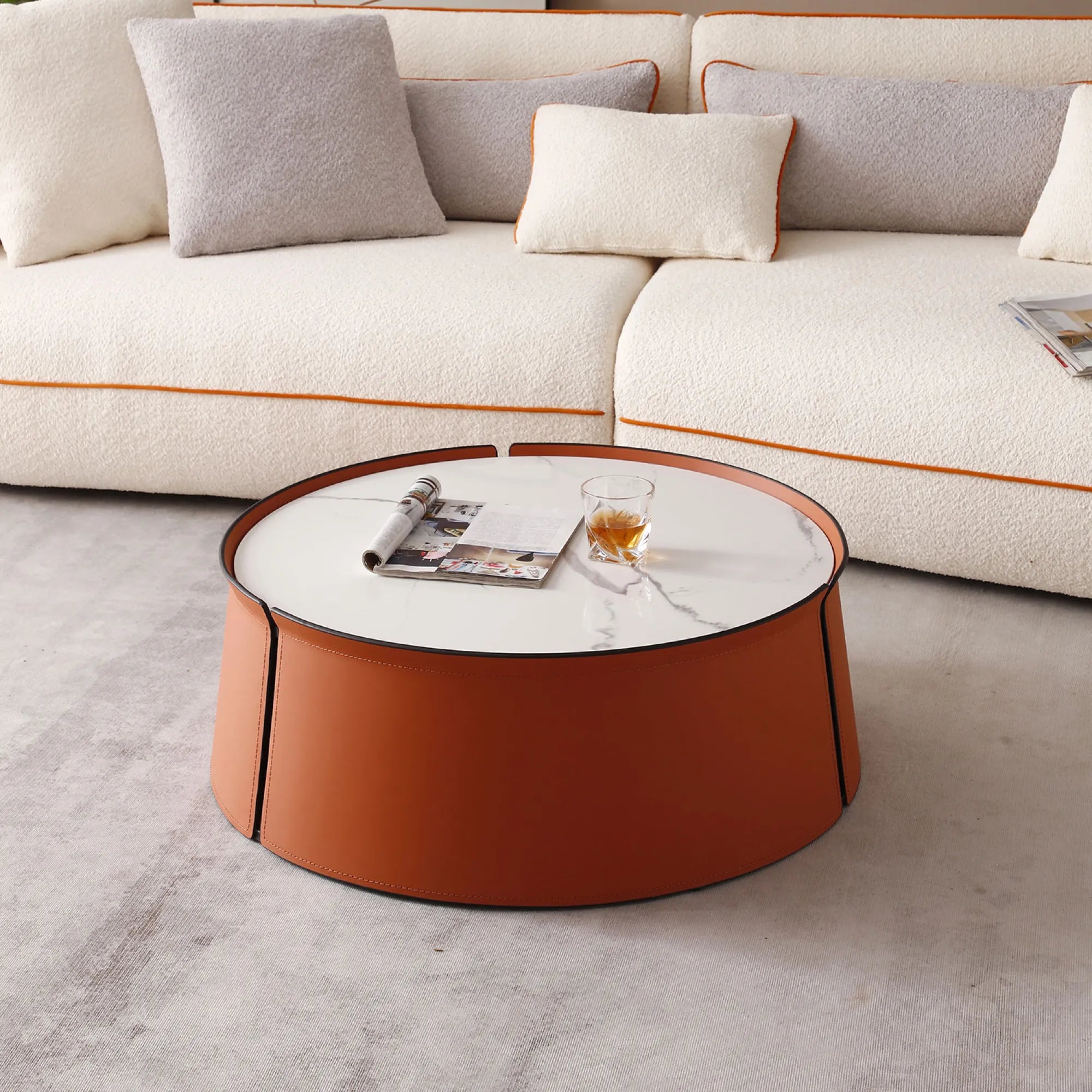 31" Modern Marble Top Coffee Table With Orange Leather Body