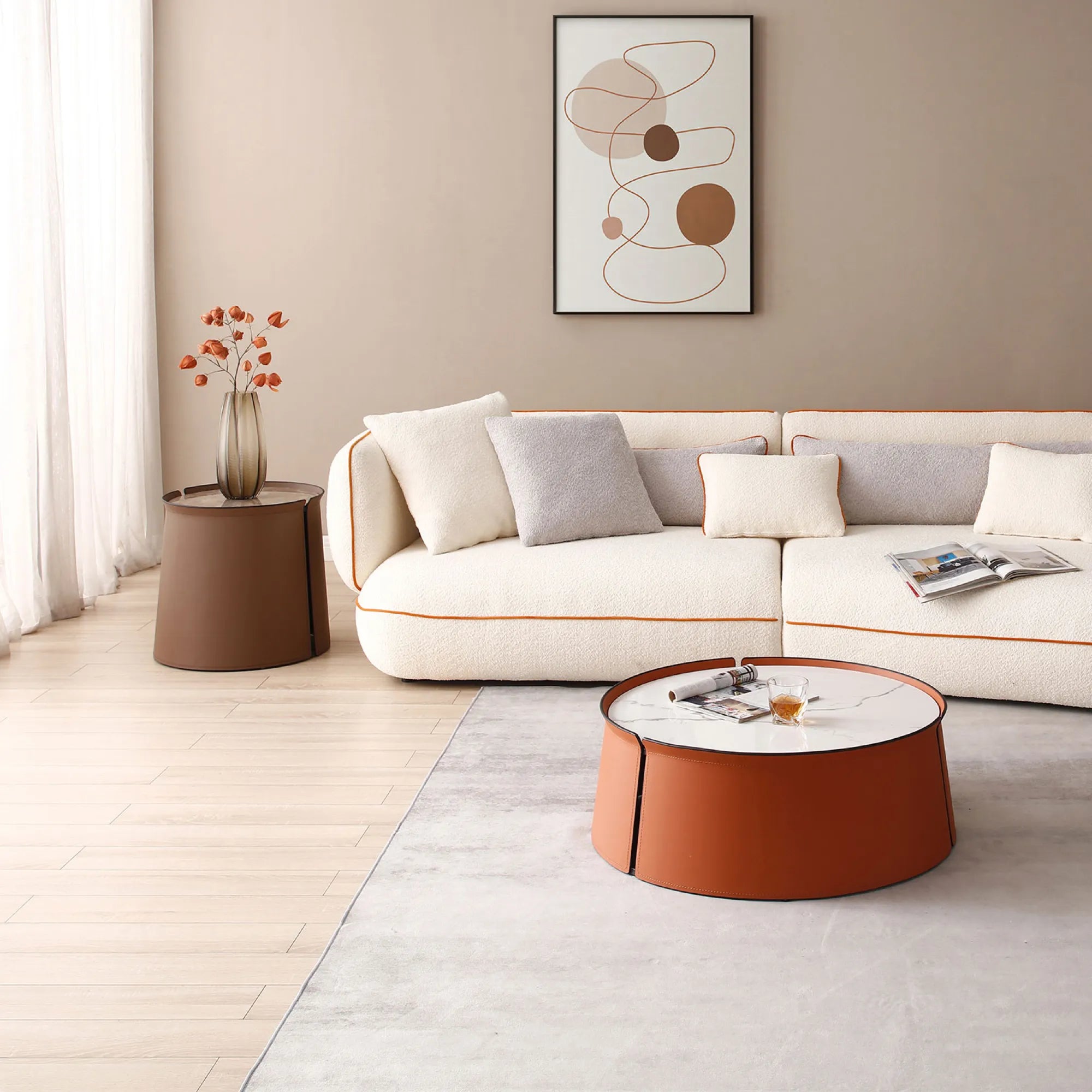 31" Modern Marble Top Coffee Table With Orange Leather Body