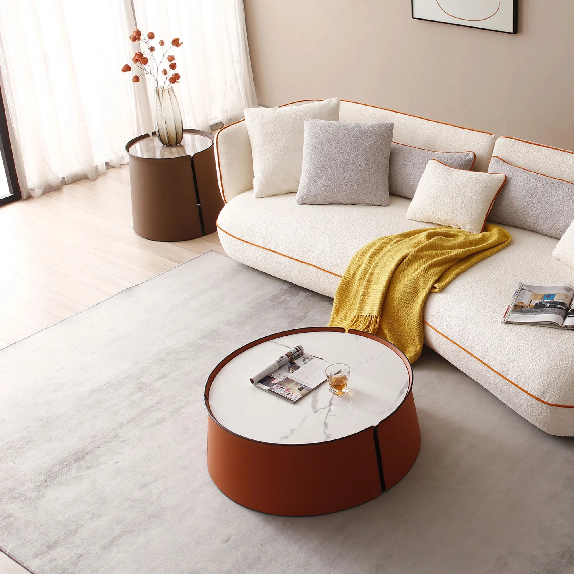 31" Modern Marble Top Coffee Table With Orange Leather Body