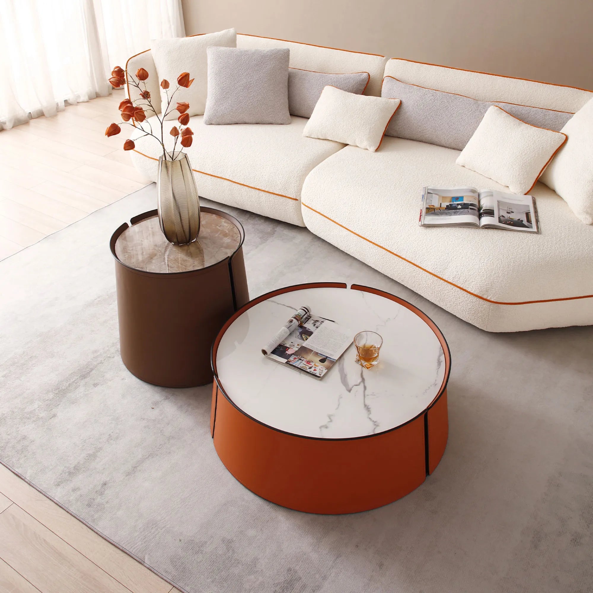 31" Modern Marble Top Coffee Table With Orange Leather Body