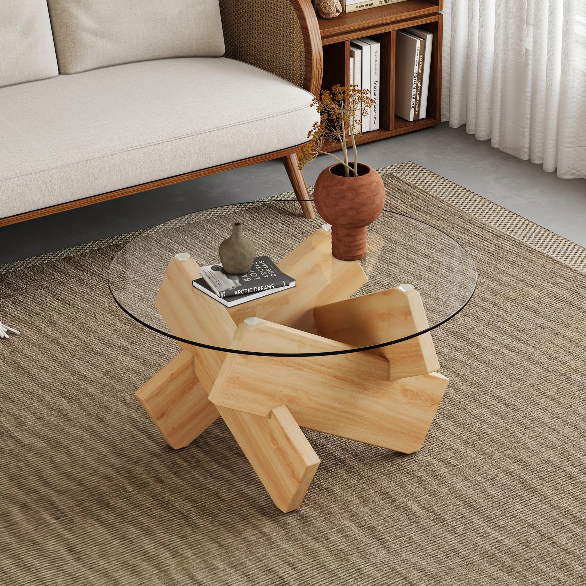 33" Modern Round Glass Top Coffee Table With Wood Legs