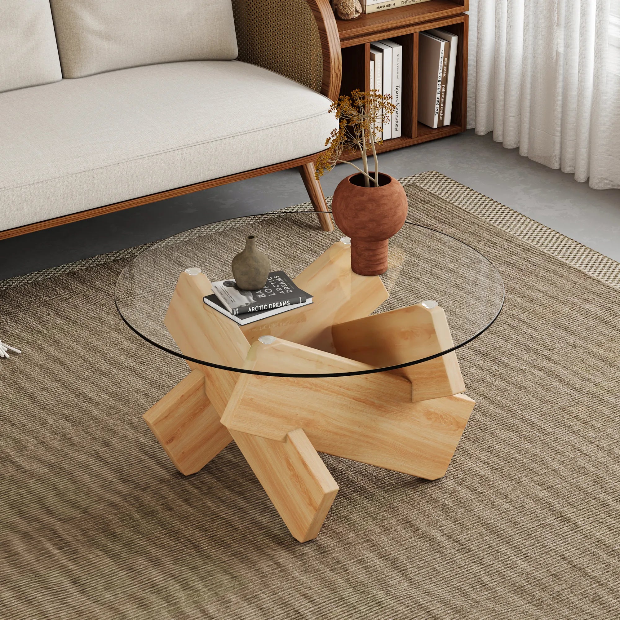 33" Modern Round Glass Top Coffee Table With Wood Legs