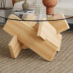 33" Modern Round Glass Top Coffee Table With Wood Legs