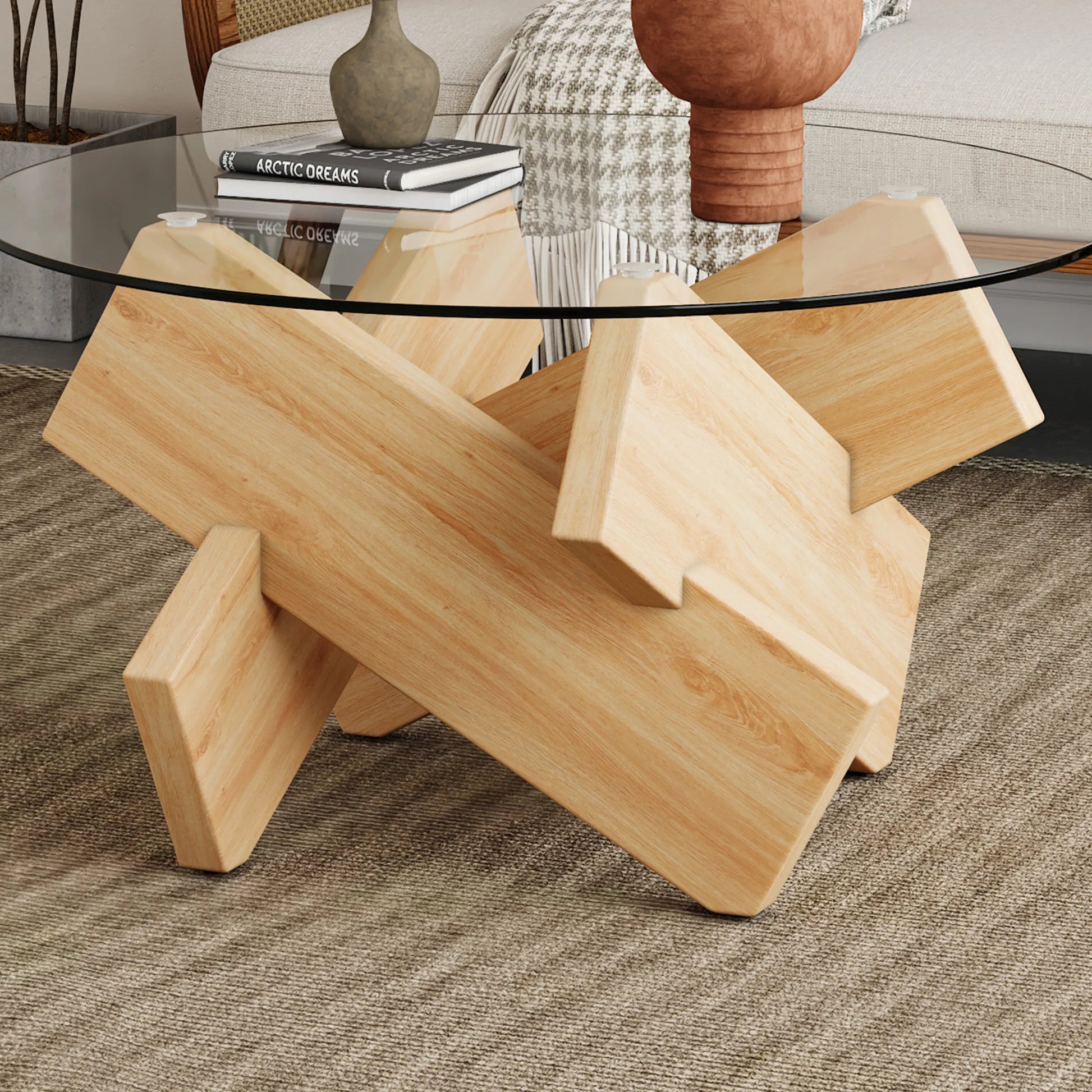 33" Modern Round Glass Top Coffee Table With Wood Legs