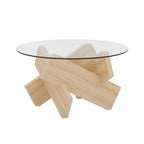 33" Modern Round Glass Top Coffee Table With Wood Legs