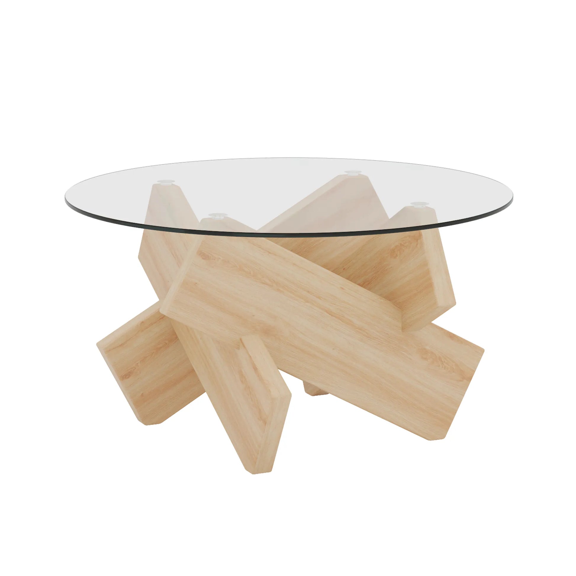 33" Modern Round Glass Top Coffee Table With Wood Legs