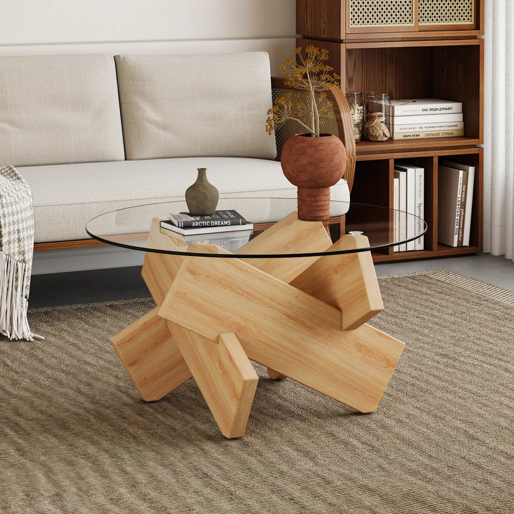 33" Modern Round Glass Top Coffee Table With Wood Legs