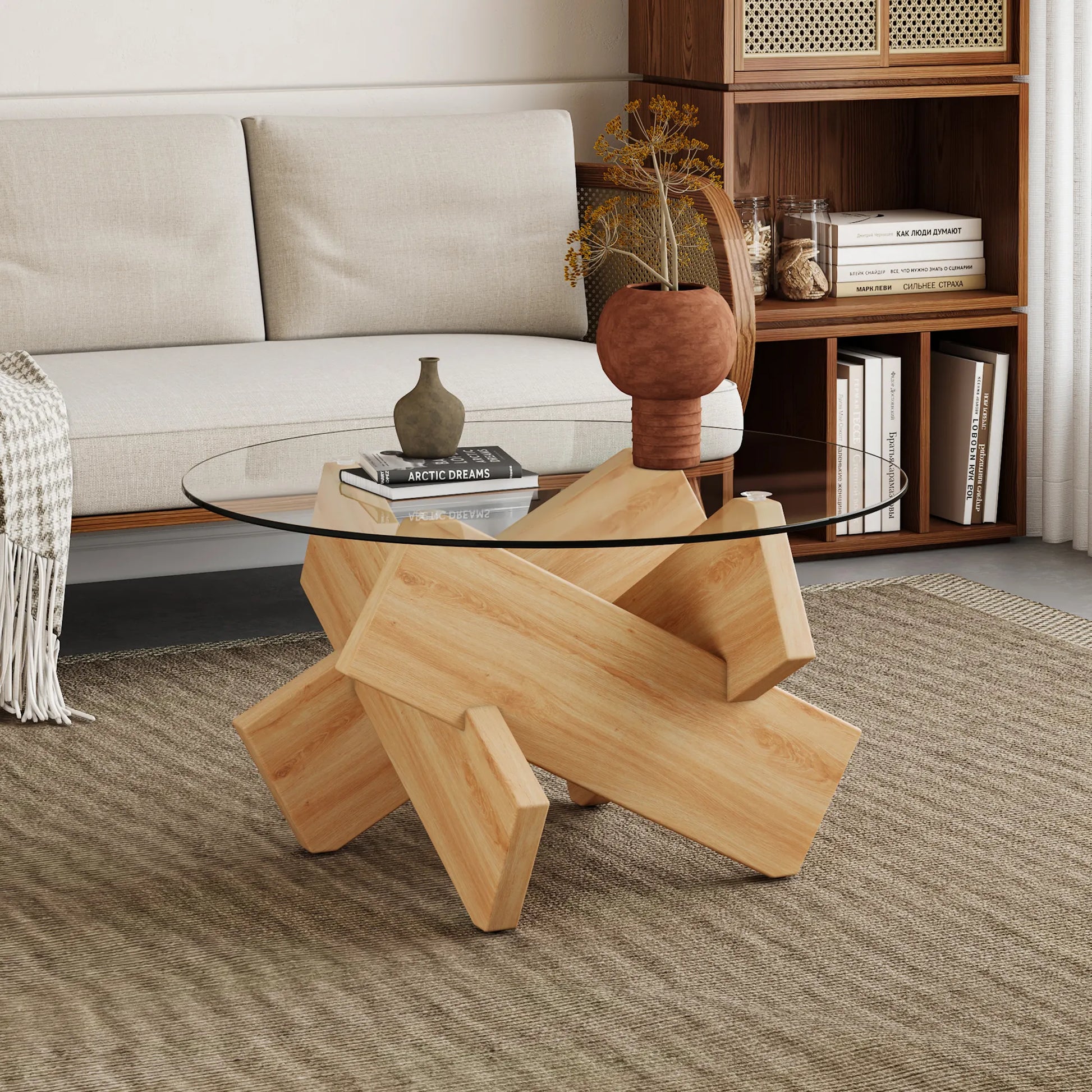 33" Modern Round Glass Top Coffee Table With Wood Legs