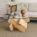 33" Modern Round Glass Top Coffee Table With Wood Legs