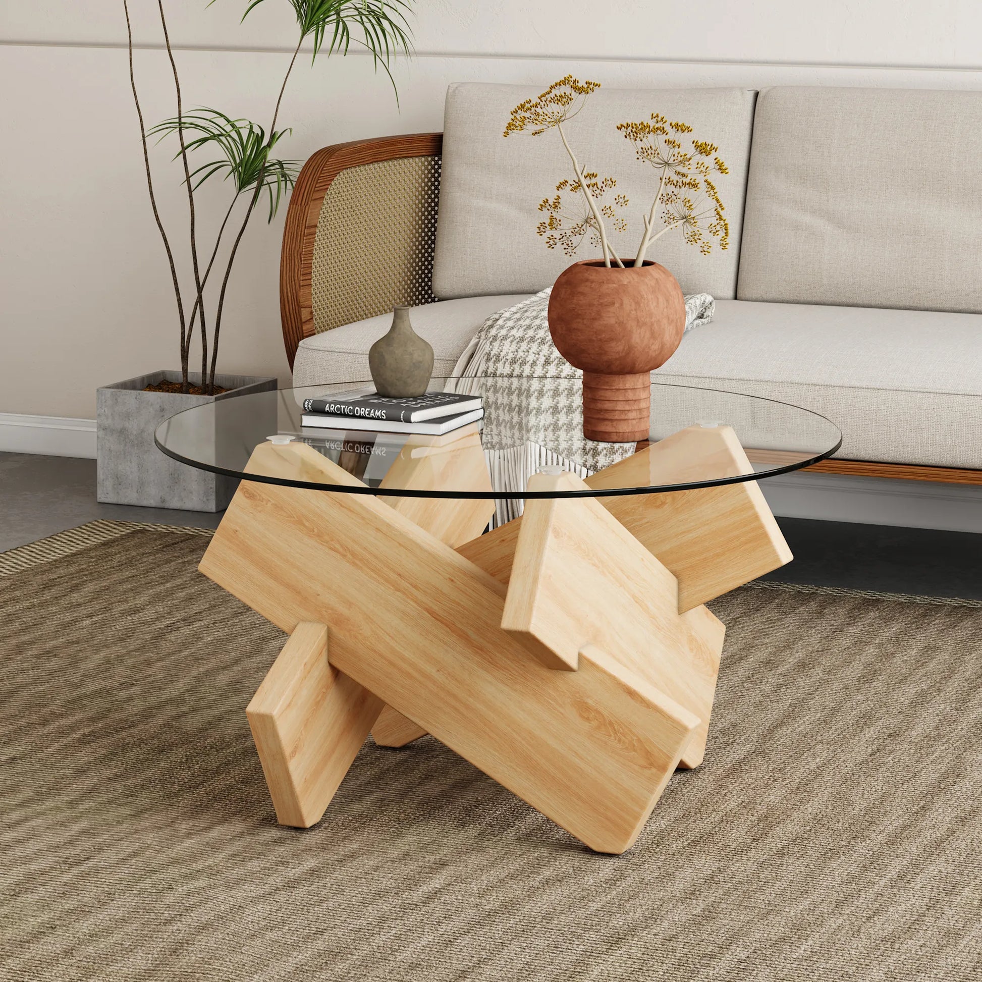 33" Modern Round Glass Top Coffee Table With Wood Legs