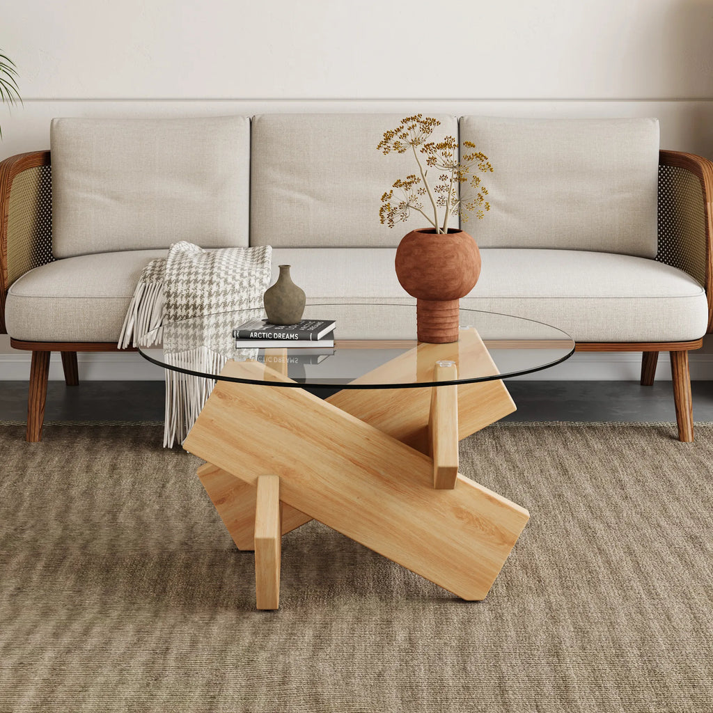 33" Modern Round Glass Top Coffee Table With Wood Legs