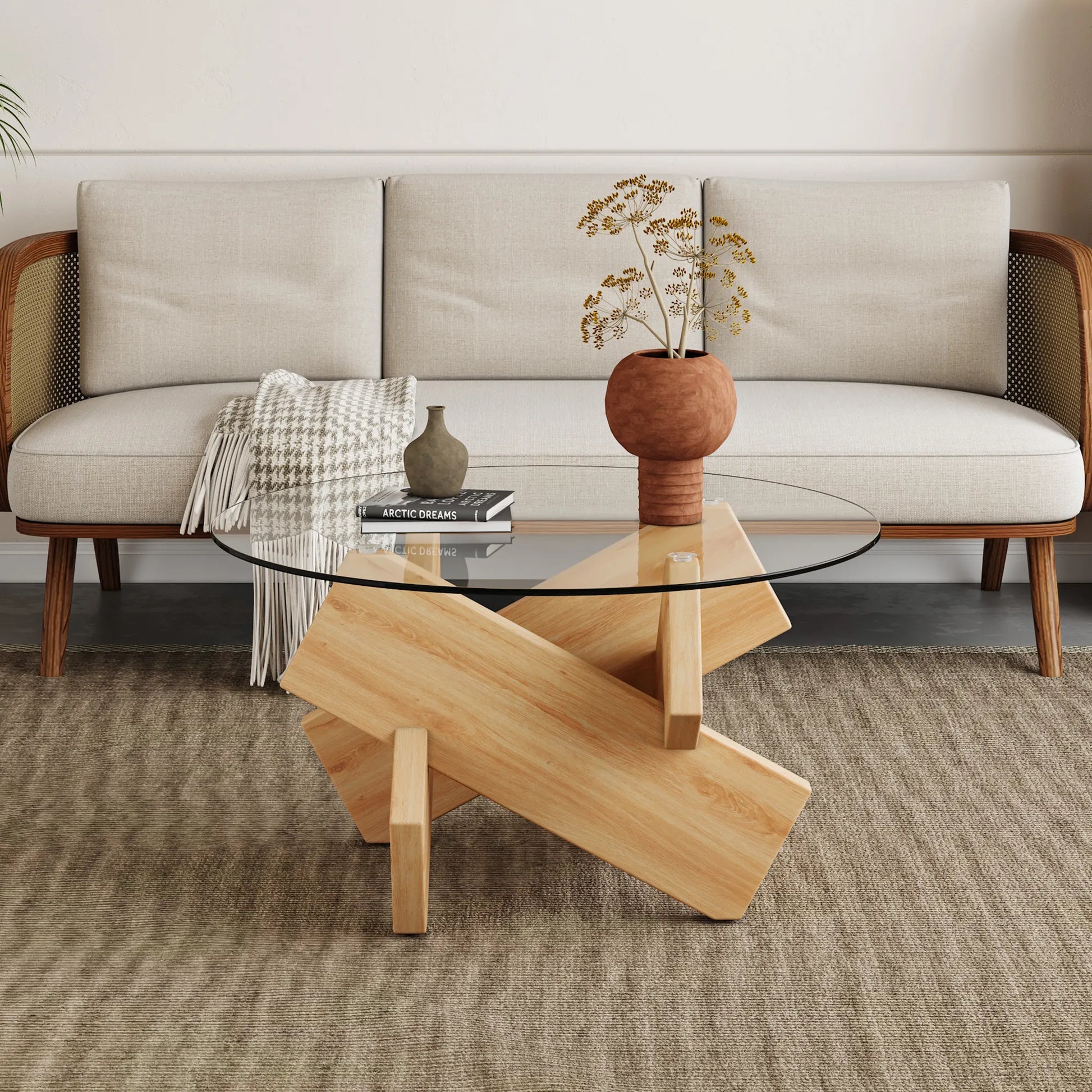 33" Modern Round Glass Top Coffee Table With Wood Legs