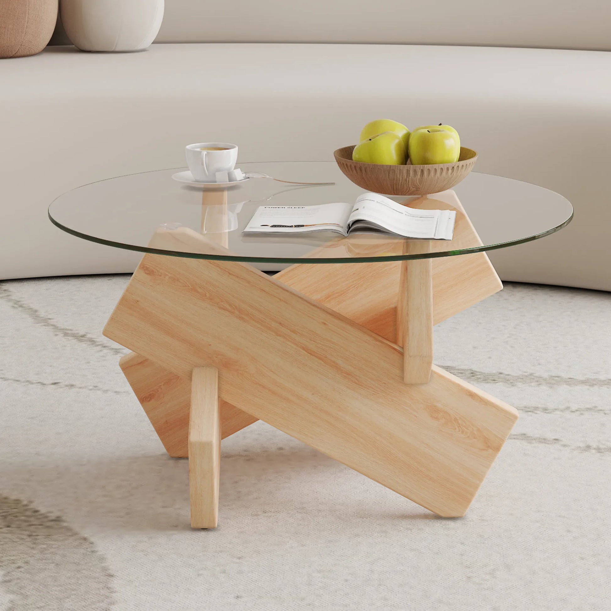 33" Modern Round Glass Top Coffee Table With Wood Legs