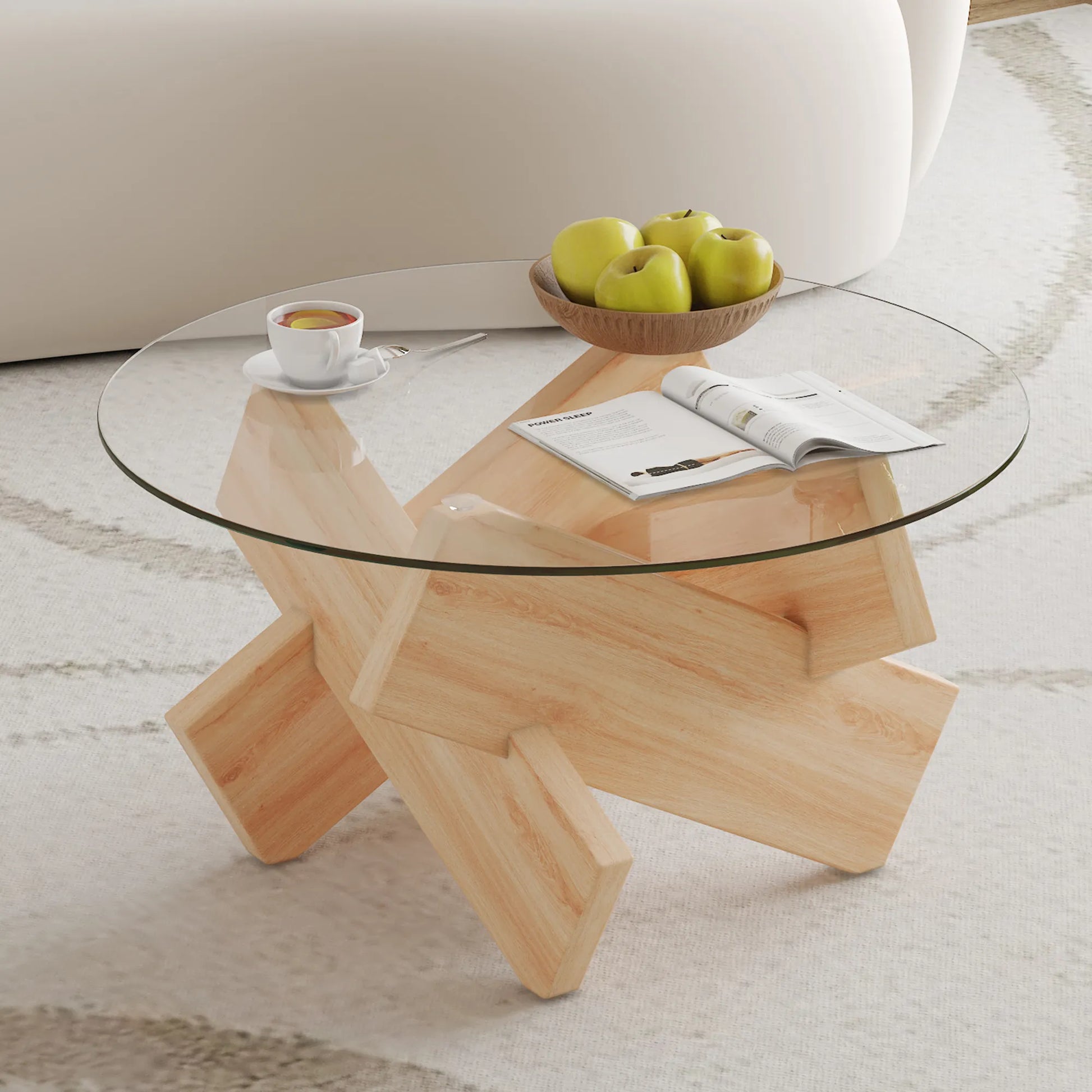 33" Modern Round Glass Top Coffee Table With Wood Legs