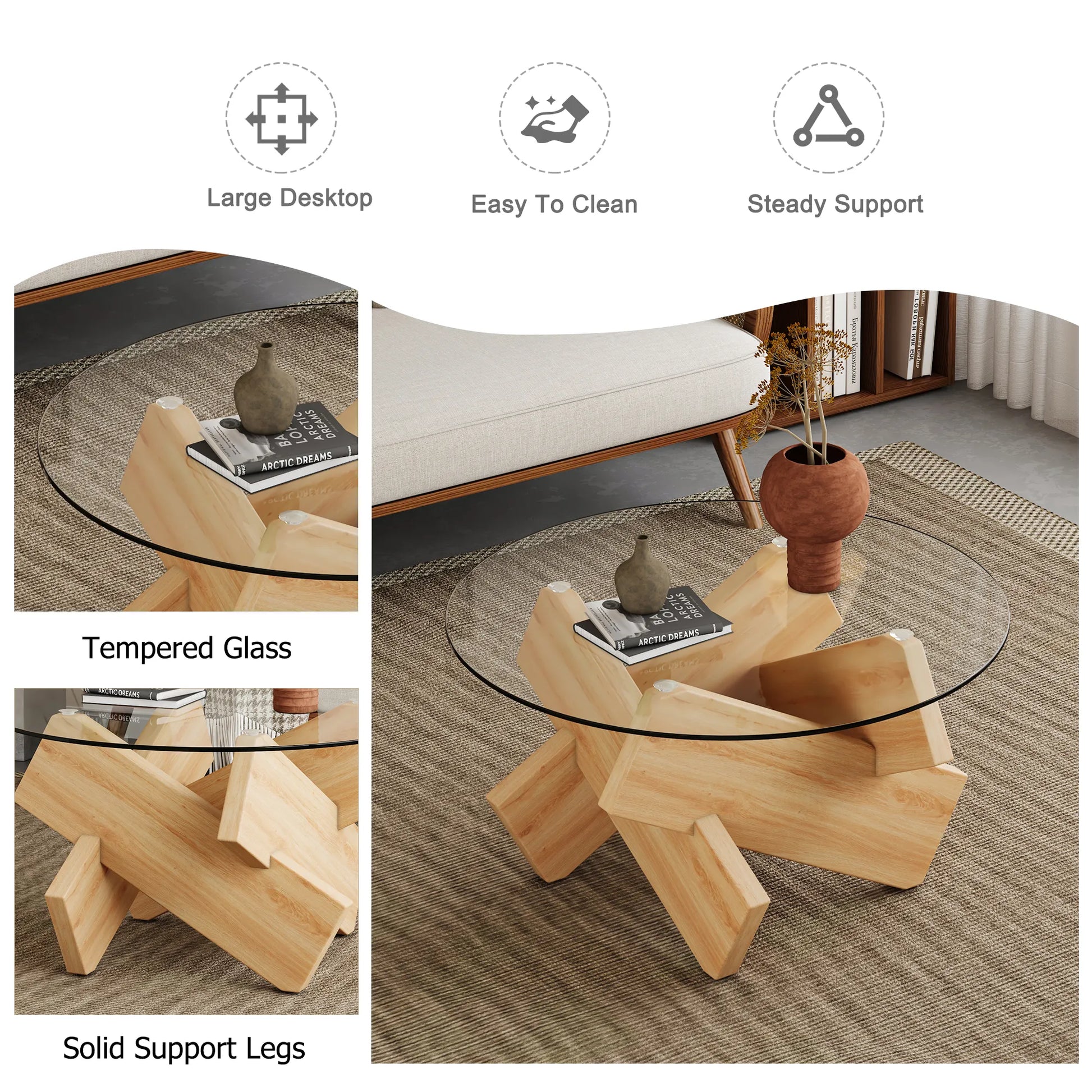33" Modern Round Glass Top Coffee Table With Wood Legs