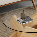 33" Modern Round Glass Top Coffee Table With Wood Legs