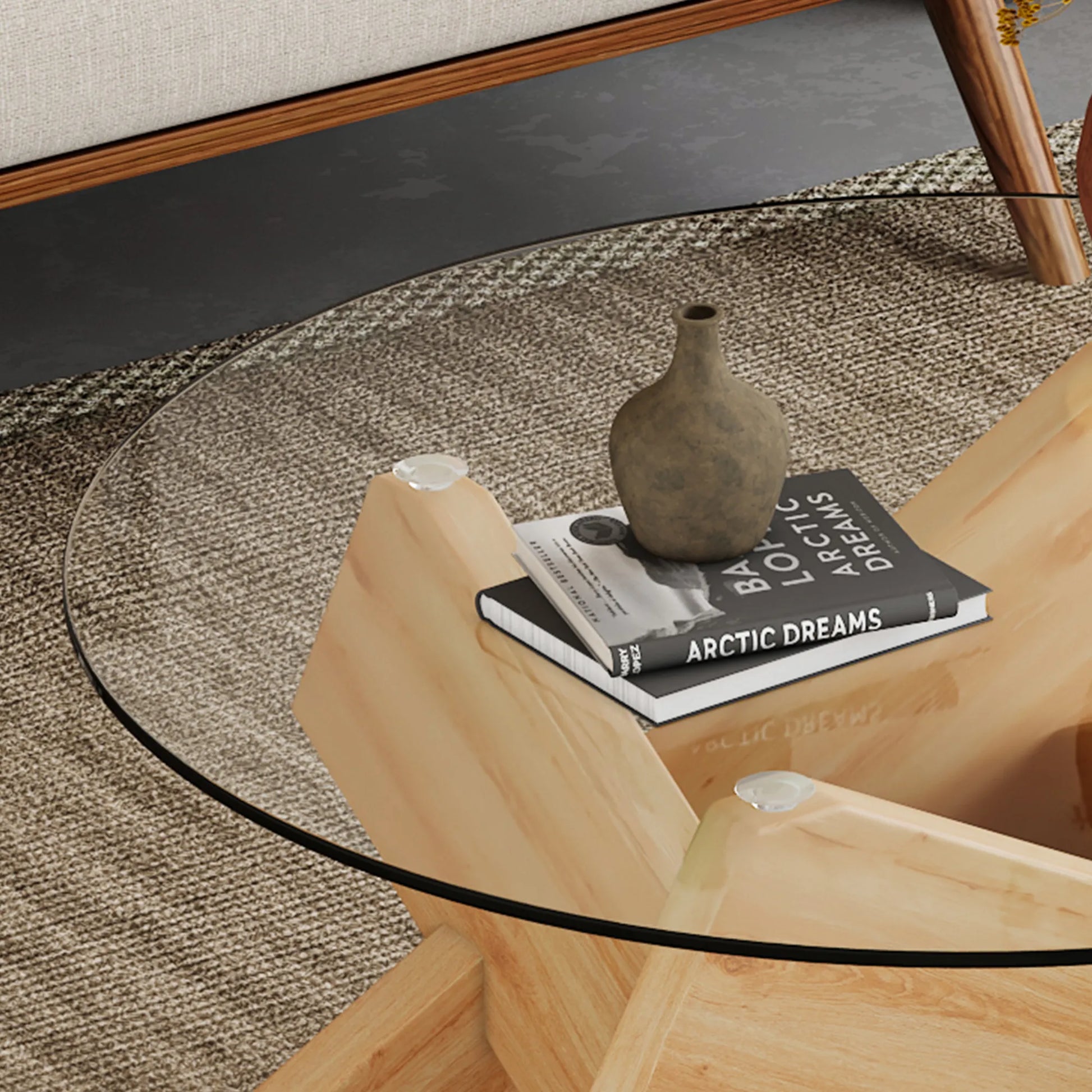 33" Modern Round Glass Top Coffee Table With Wood Legs
