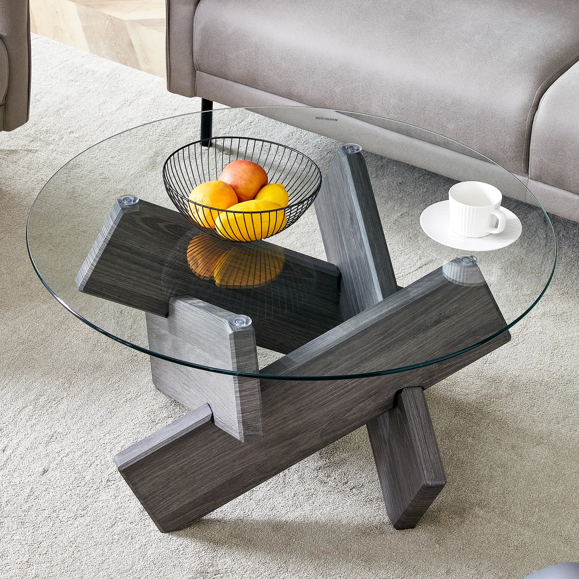 33" Modern Round Glass Top Coffee Table With Wood Legs