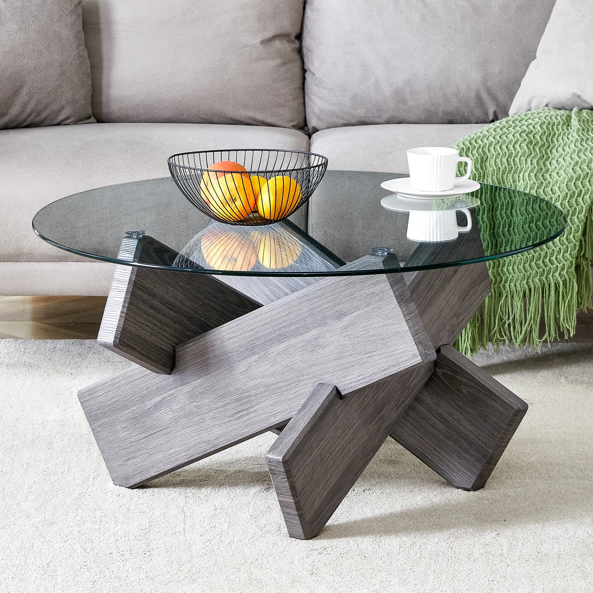 33" Modern Round Glass Top Coffee Table With Wood Legs