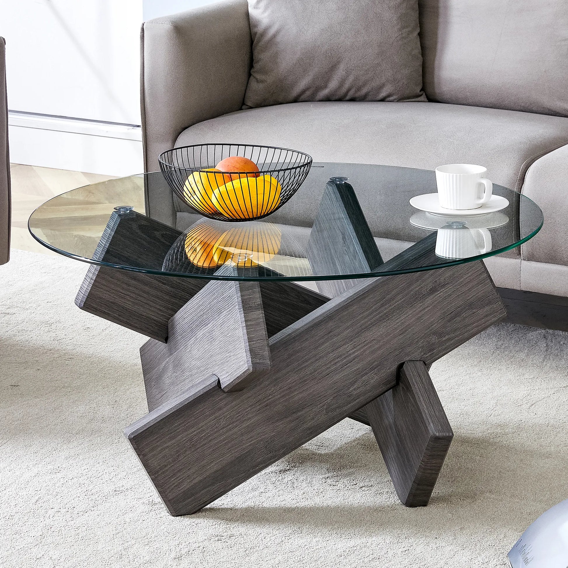 33" Modern Round Glass Top Coffee Table With Wood Legs