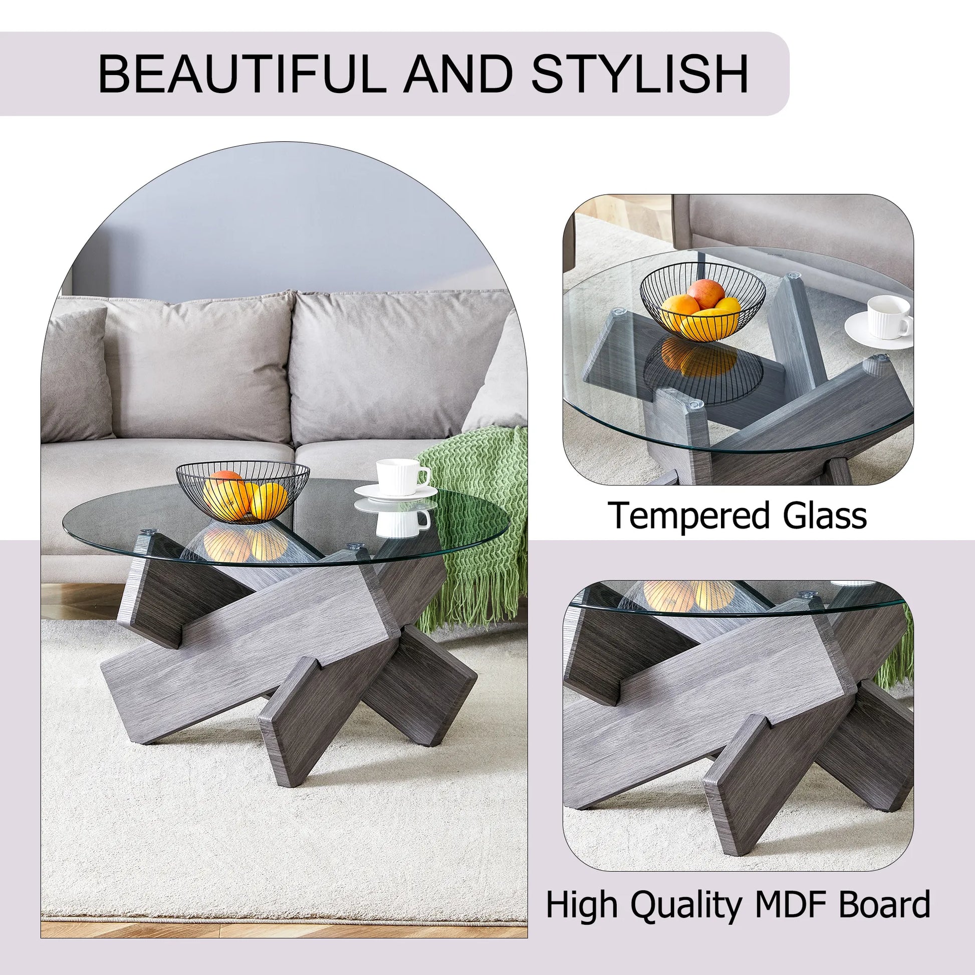 33" Modern Round Glass Top Coffee Table With Wood Legs