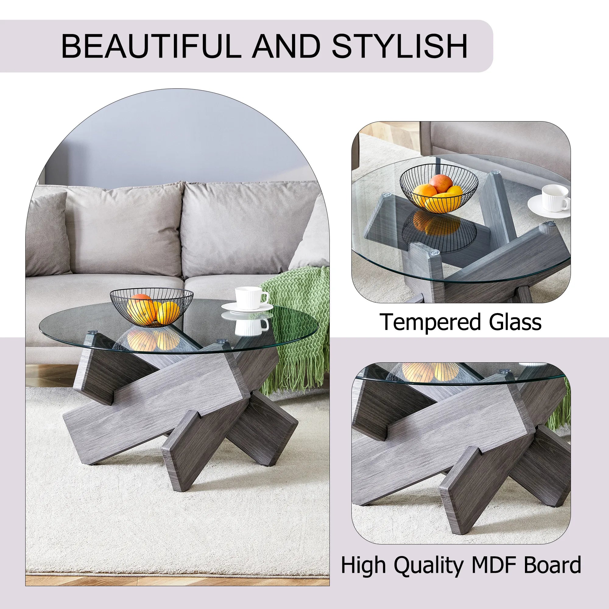 33" Modern Round Glass Top Coffee Table With Wood Legs